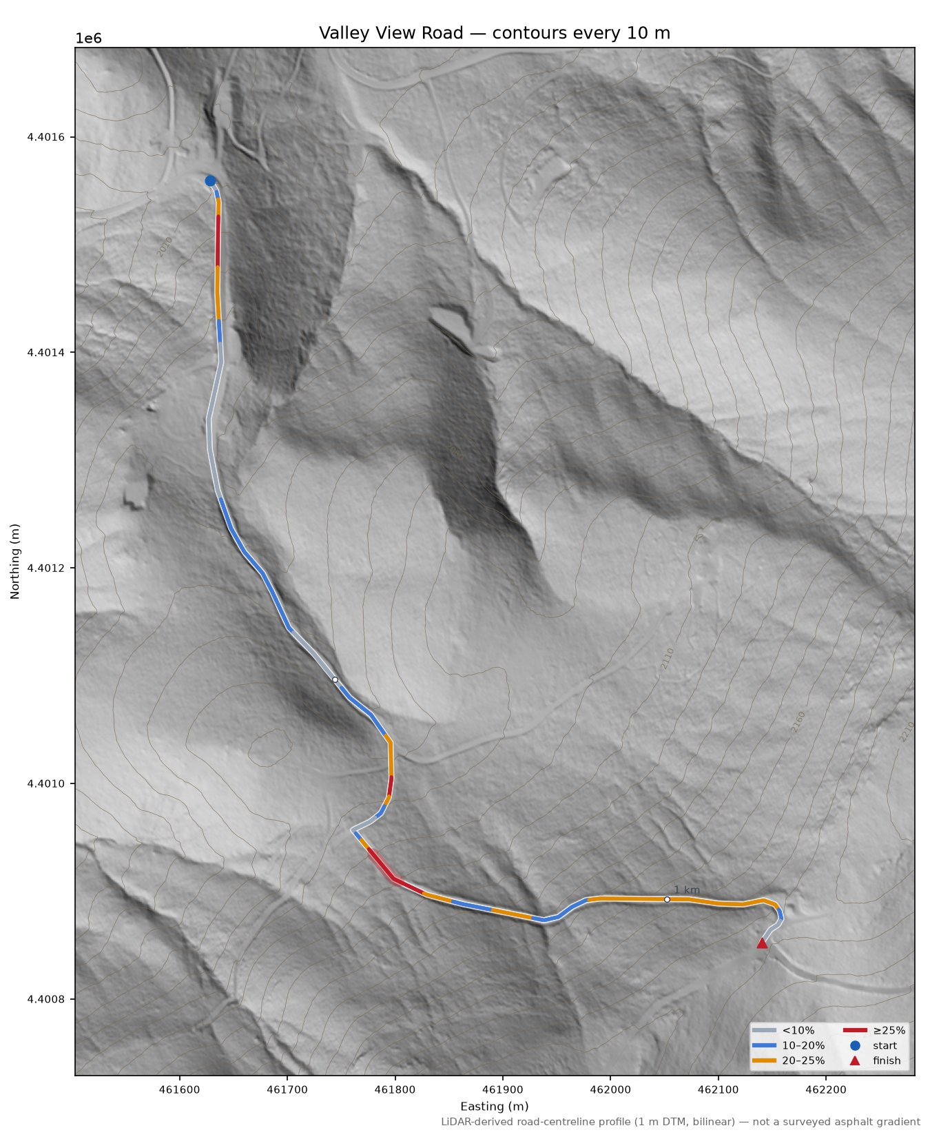 Valley View Road LiDAR hillshade map with contours