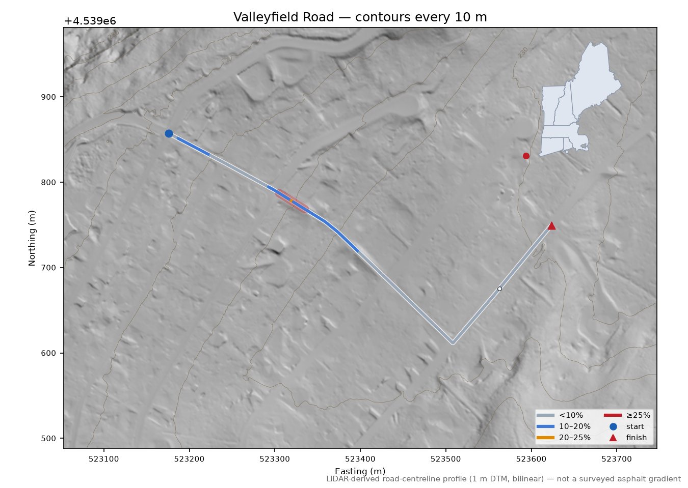 Valleyfield Road LiDAR hillshade map with contours
