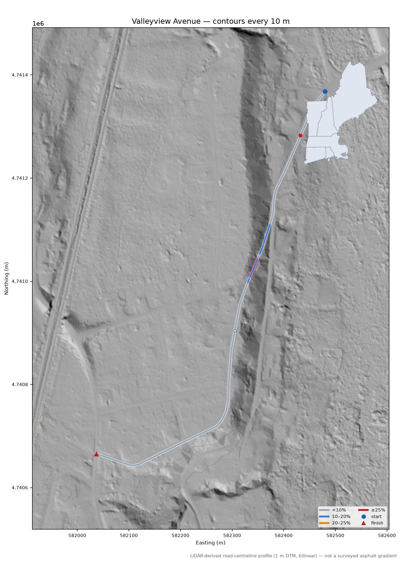 Valleyview Avenue LiDAR hillshade map with contours