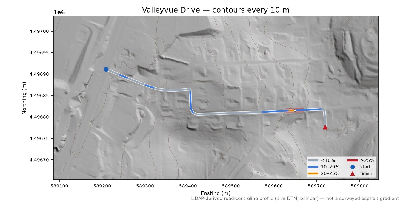 Valleyvue Drive LiDAR hillshade map with contours