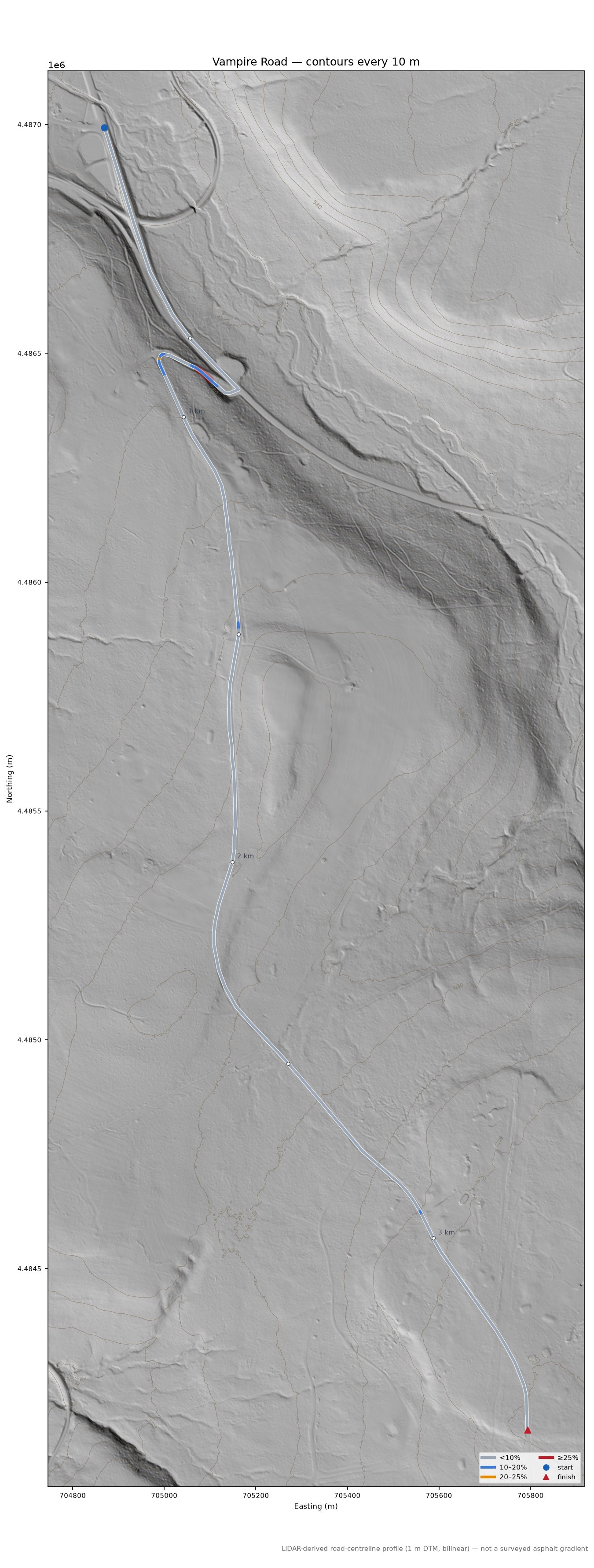 Vampire Road LiDAR hillshade map with contours