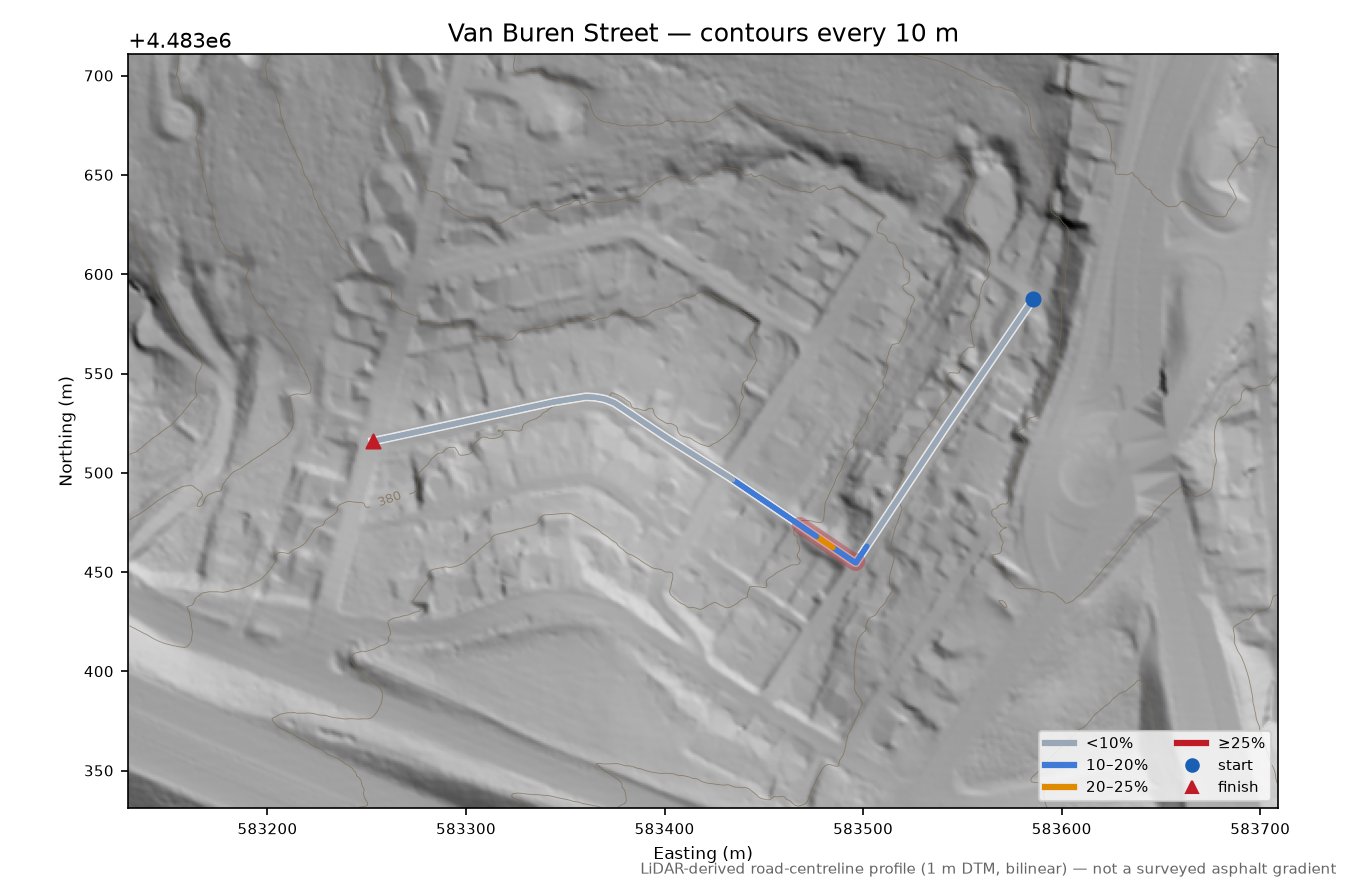Van Buren Street LiDAR hillshade map with contours