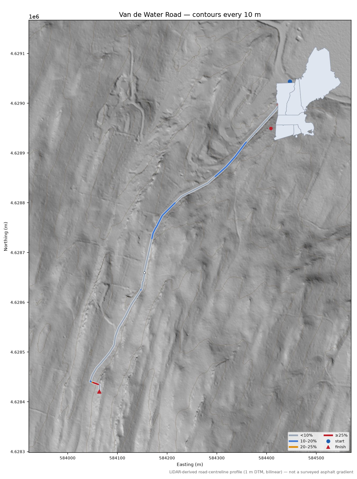 Van de Water Road LiDAR hillshade map with contours