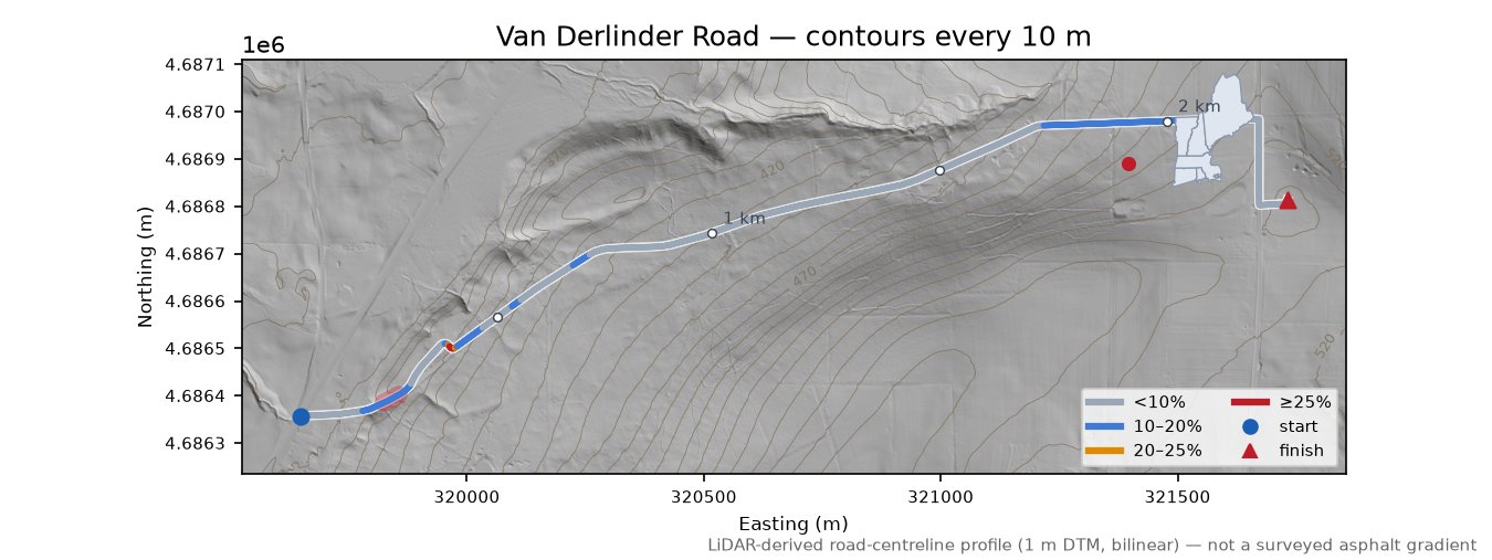 Van Derlinder Road LiDAR hillshade map with contours