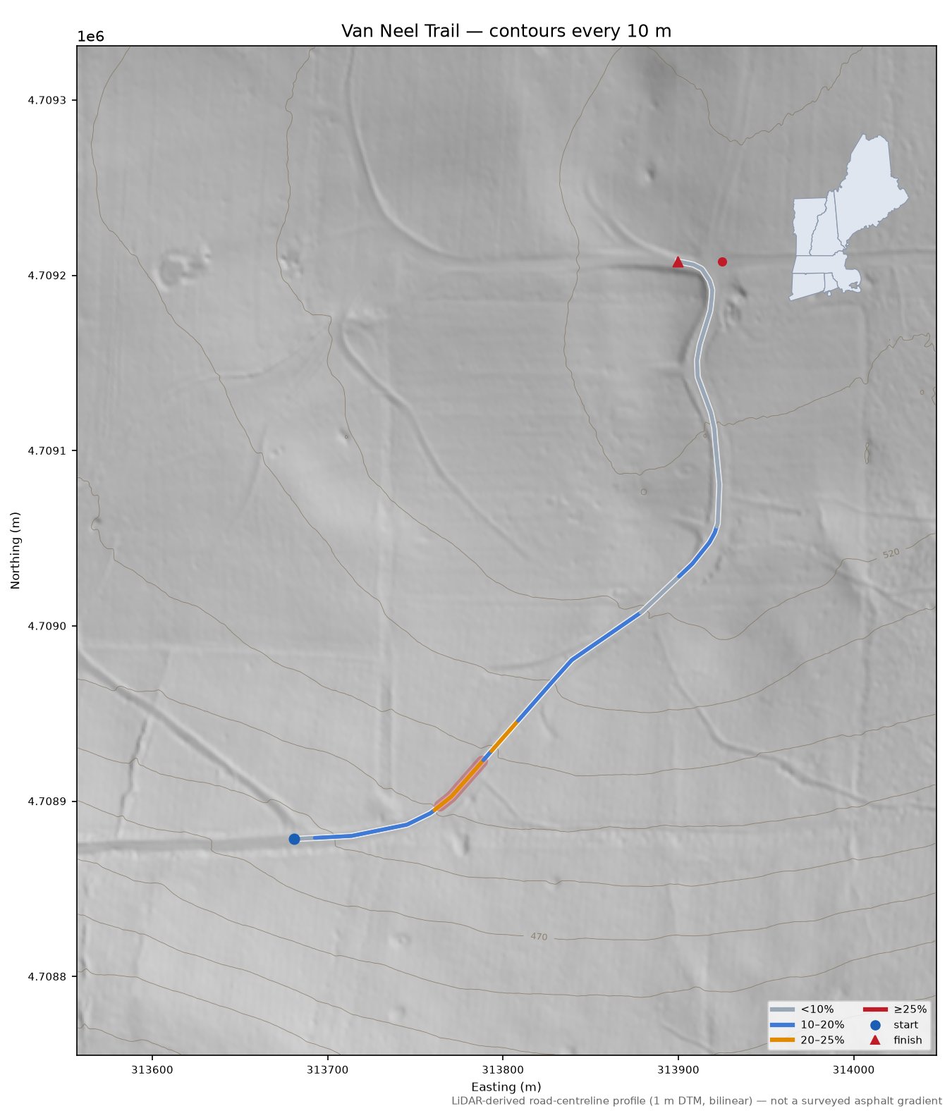 Van Neel Trail LiDAR hillshade map with contours
