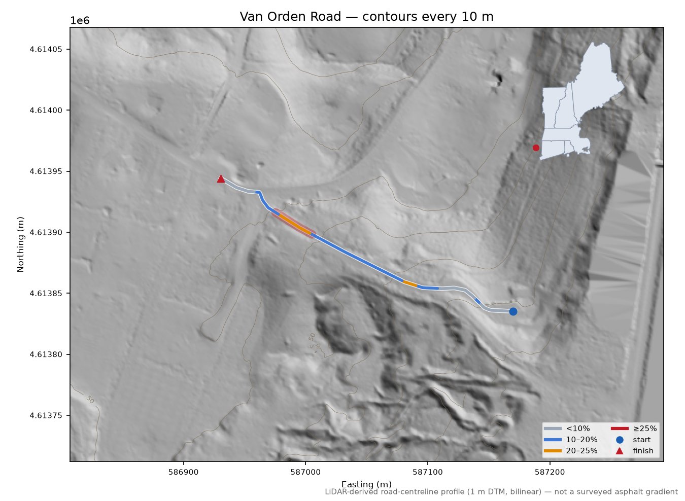Van Orden Road LiDAR hillshade map with contours