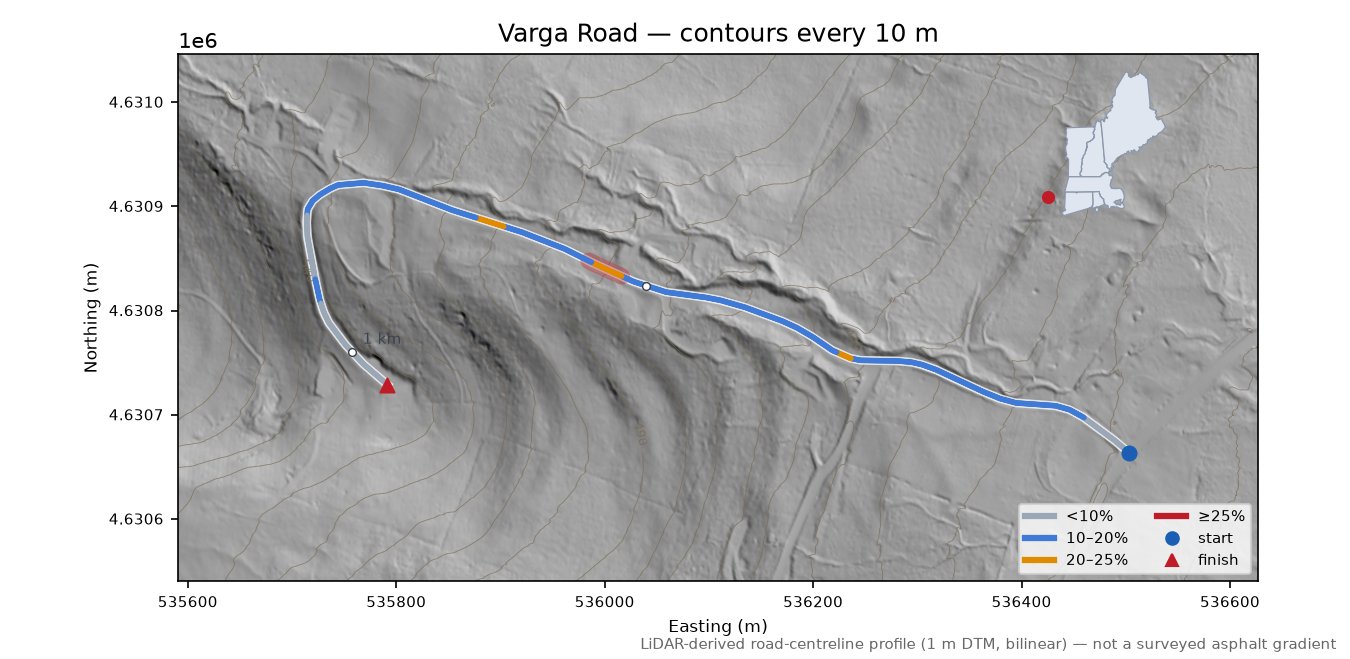 Varga Road LiDAR hillshade map with contours