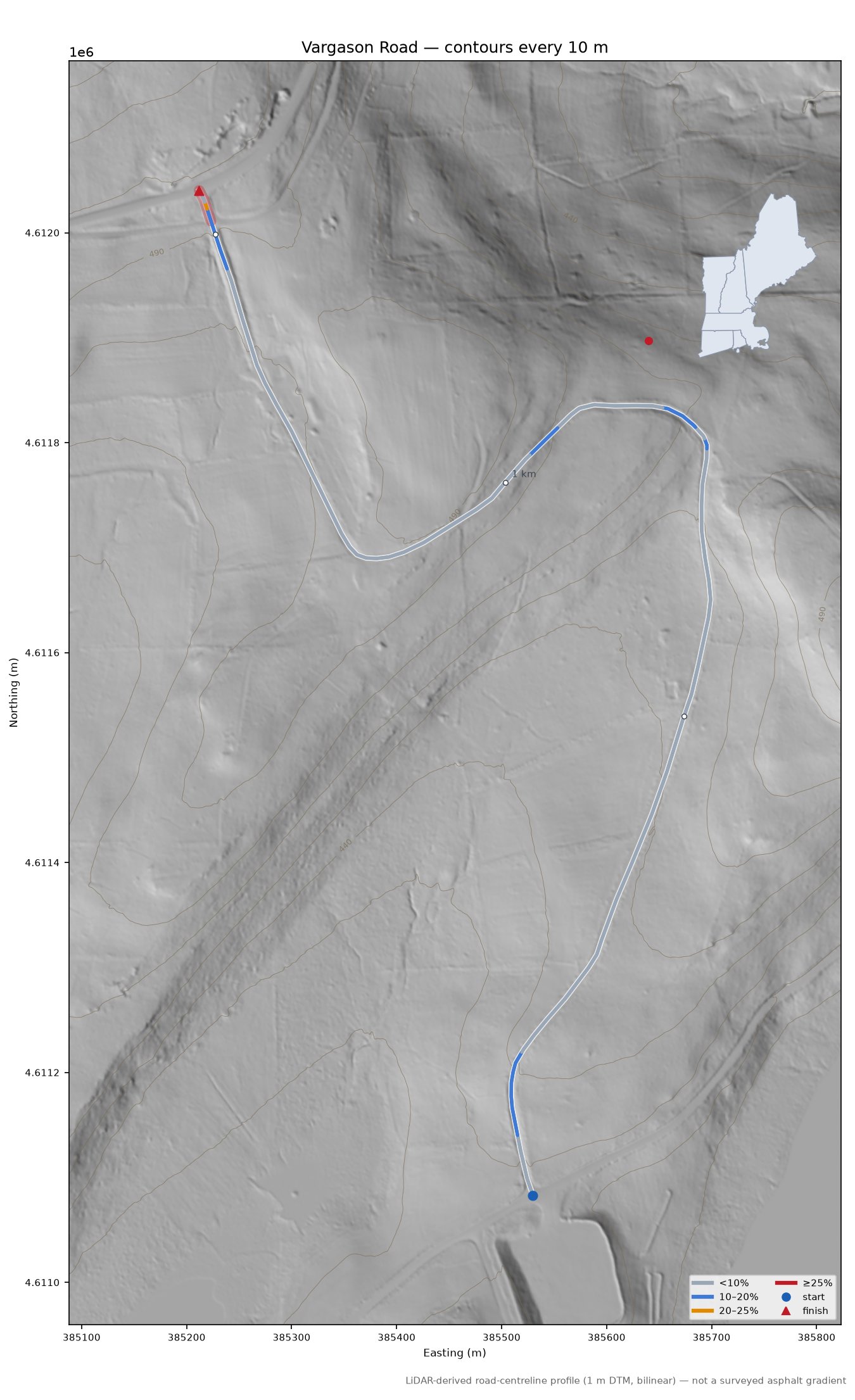 Vargason Road LiDAR hillshade map with contours