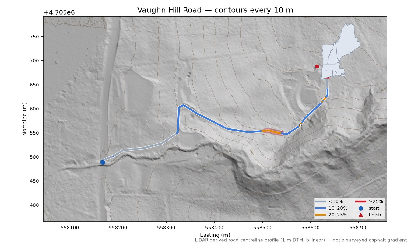 Vaughn Hill Road LiDAR hillshade map with contours
