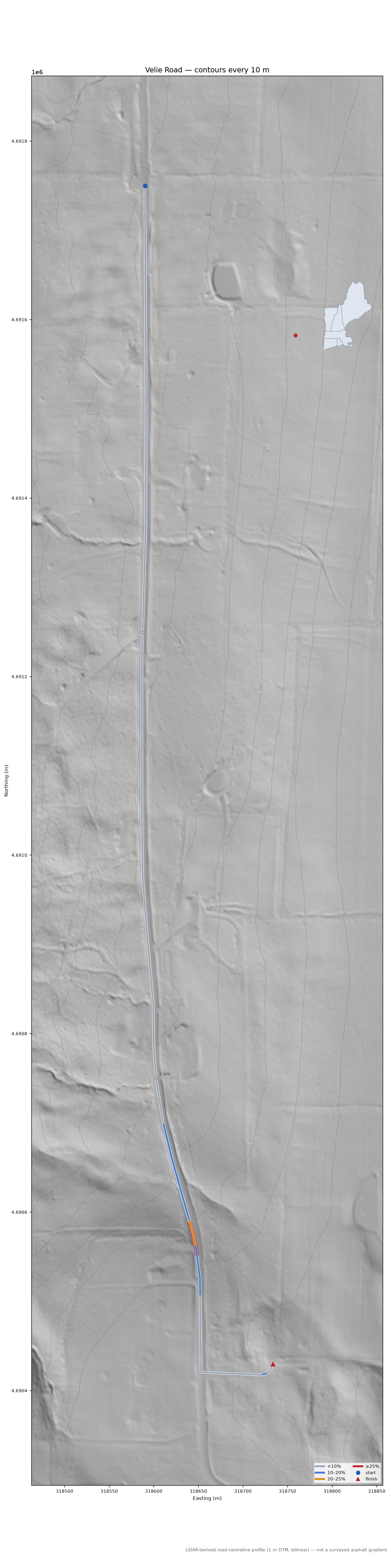 Velie Road LiDAR hillshade map with contours