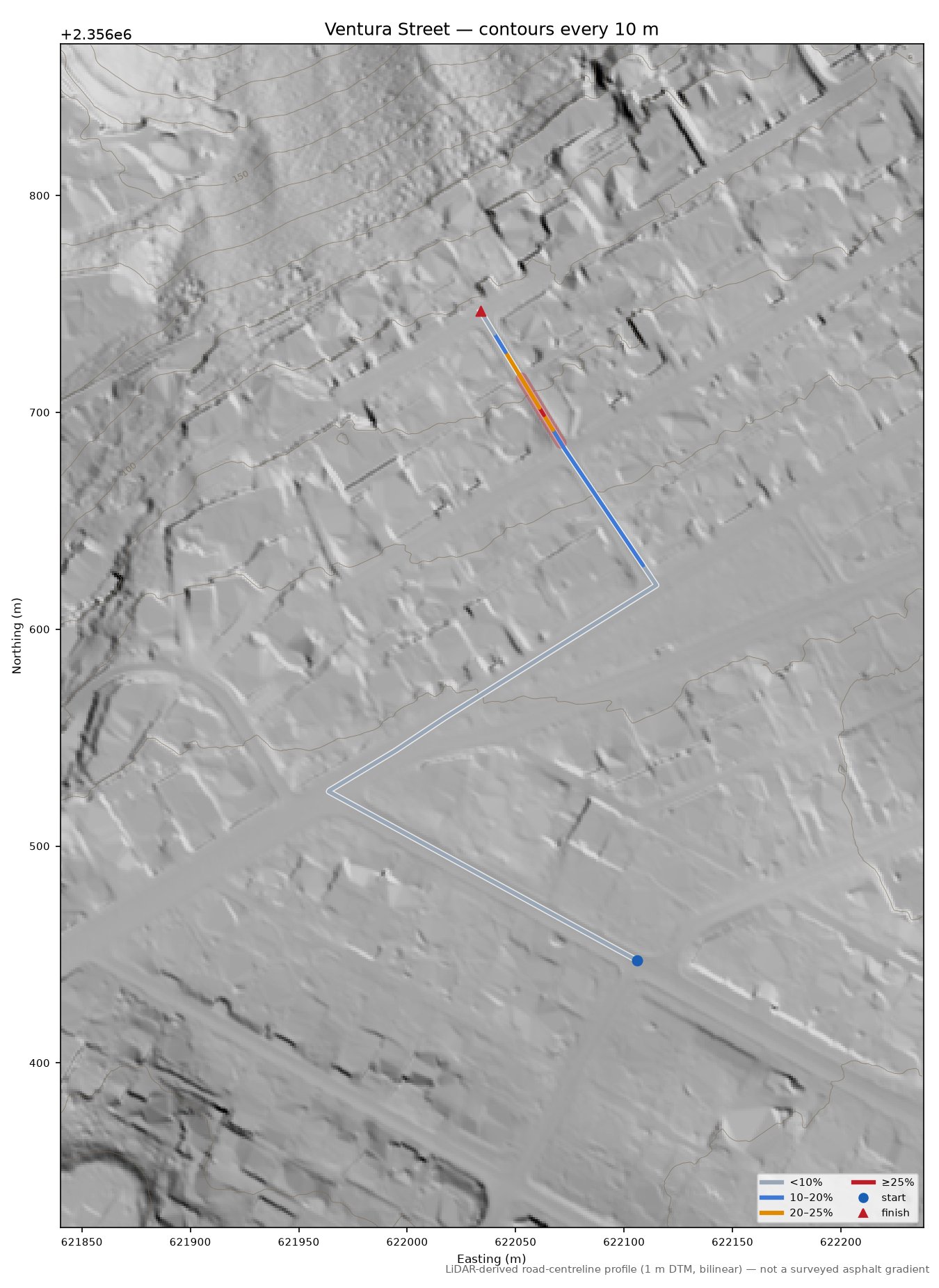 Ventura Street LiDAR hillshade map with contours