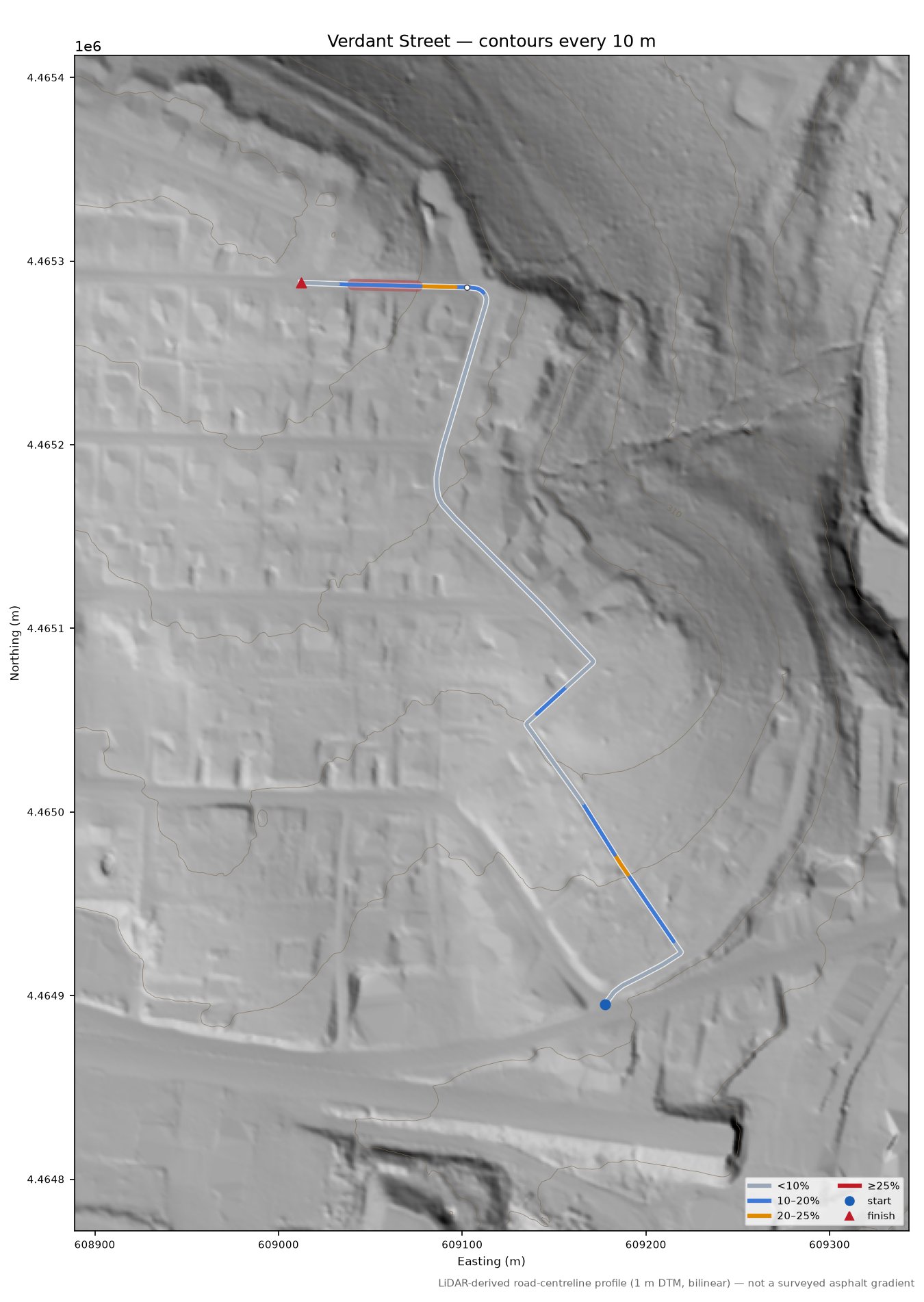 Verdant Street LiDAR hillshade map with contours