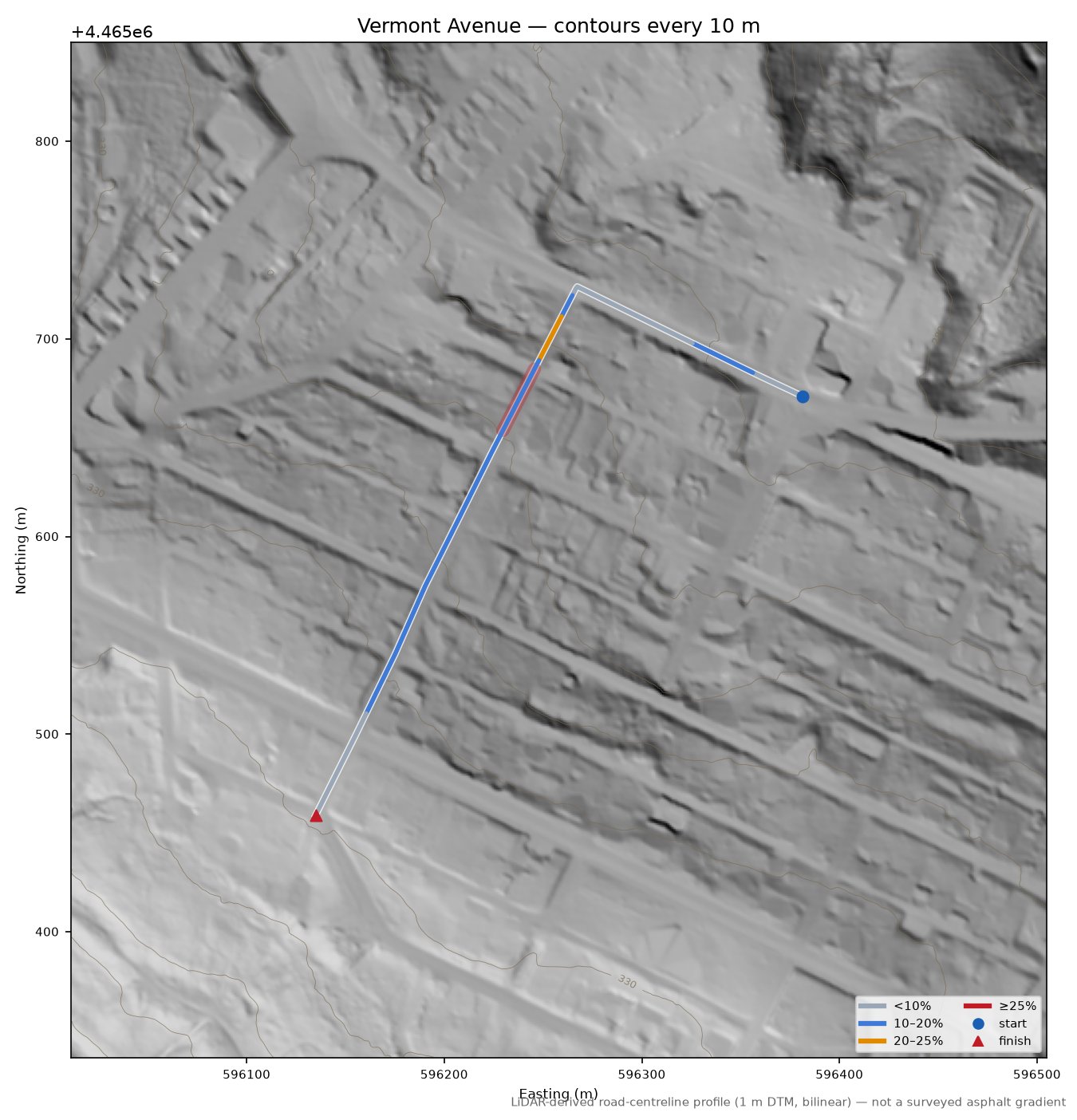 Vermont Avenue LiDAR hillshade map with contours