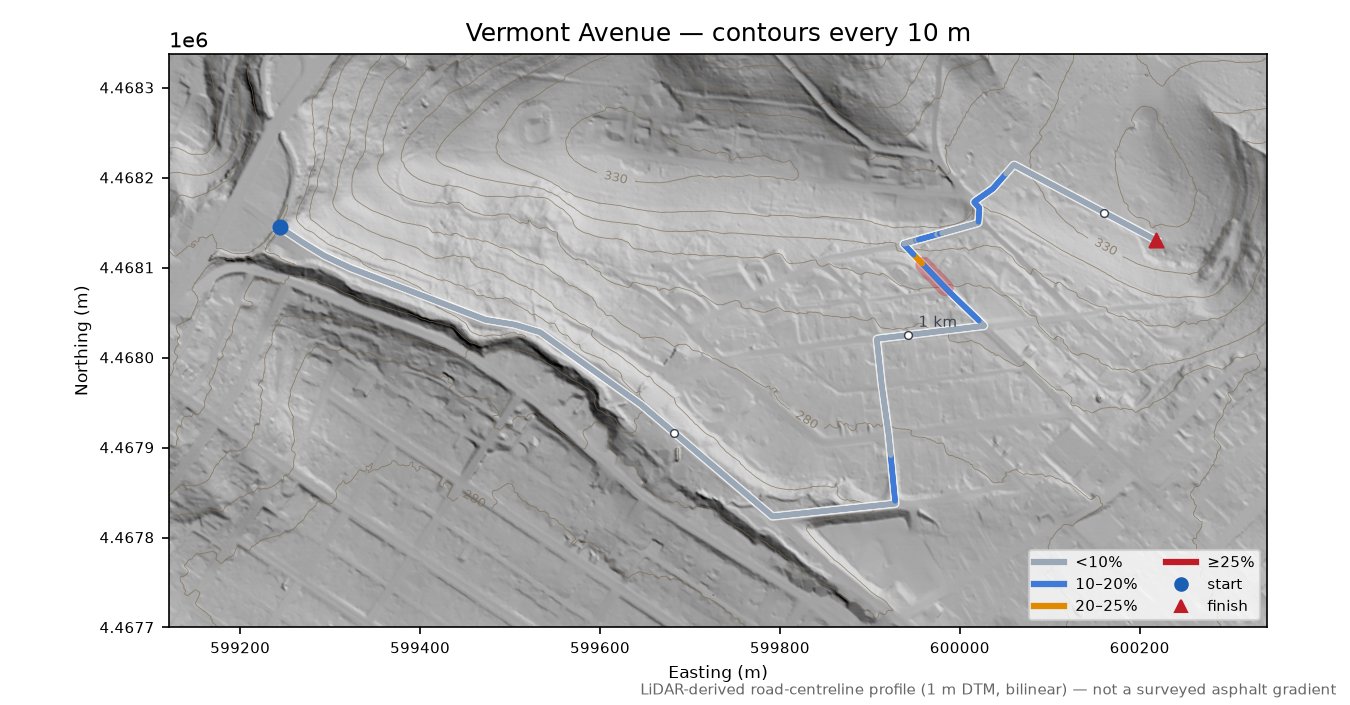 Vermont Avenue LiDAR hillshade map with contours