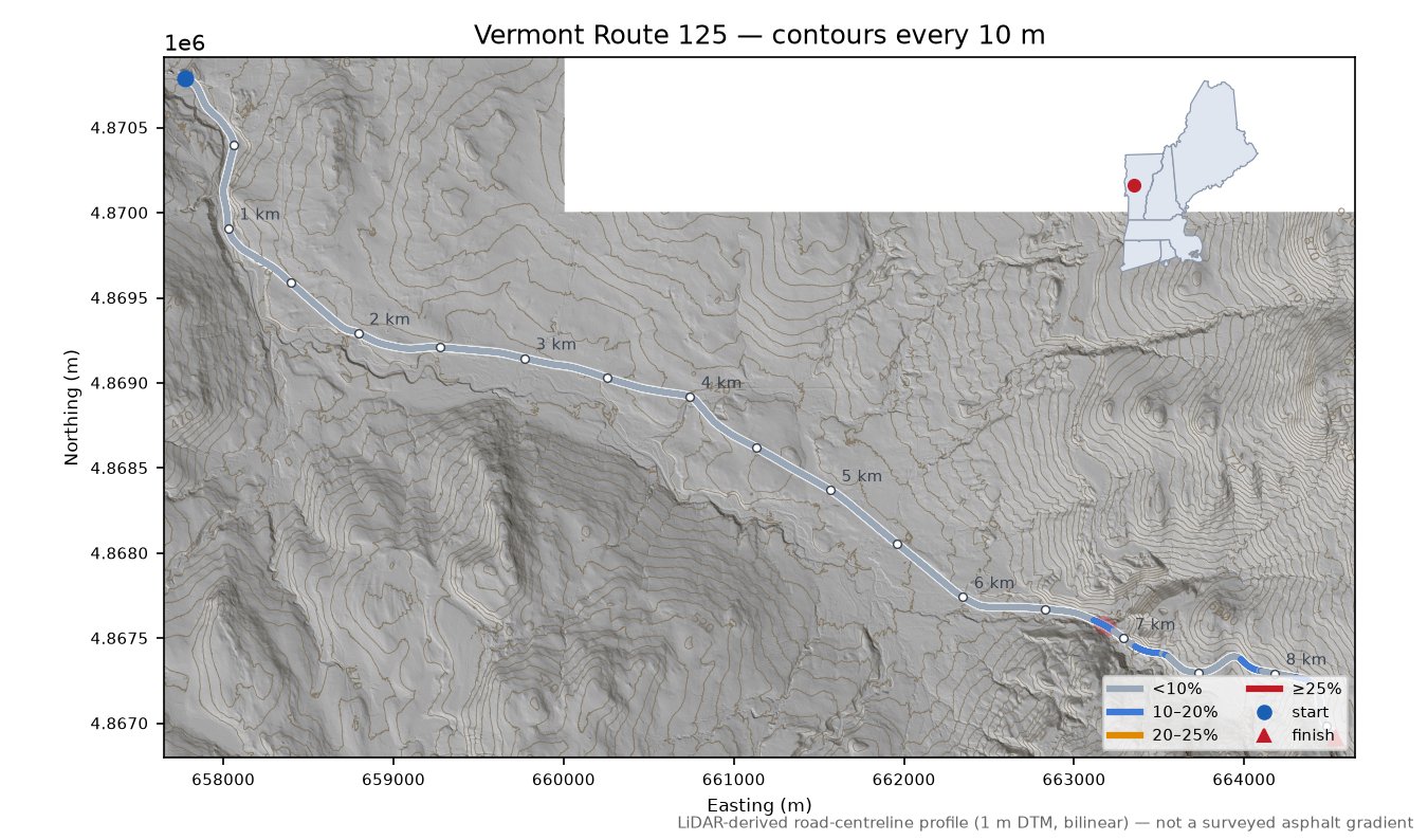 Vermont Route 125 LiDAR hillshade map with contours