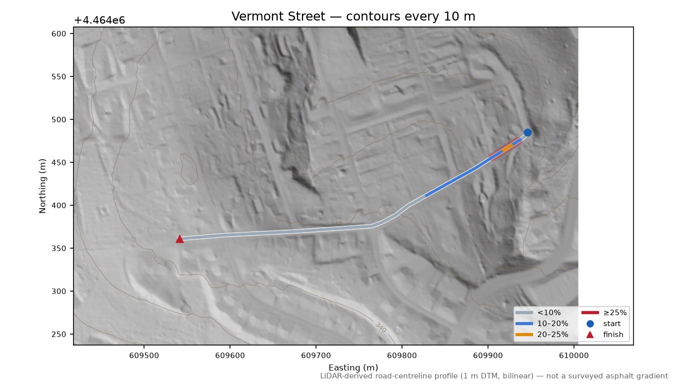Vermont Street LiDAR hillshade map with contours