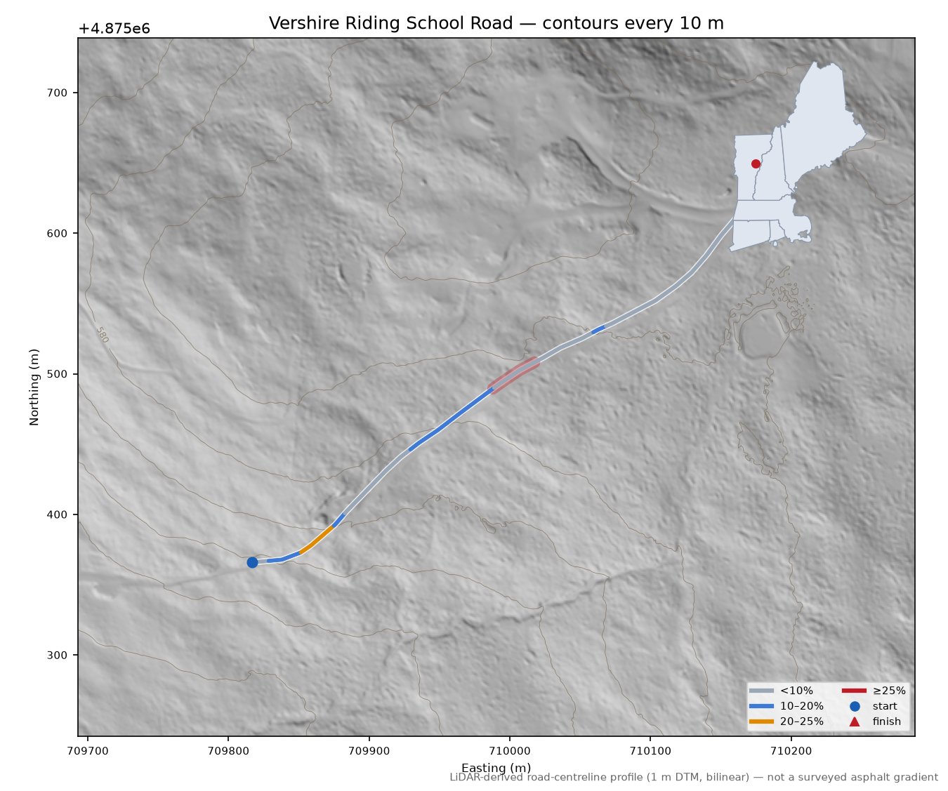 Vershire Riding School Road LiDAR hillshade map with contours