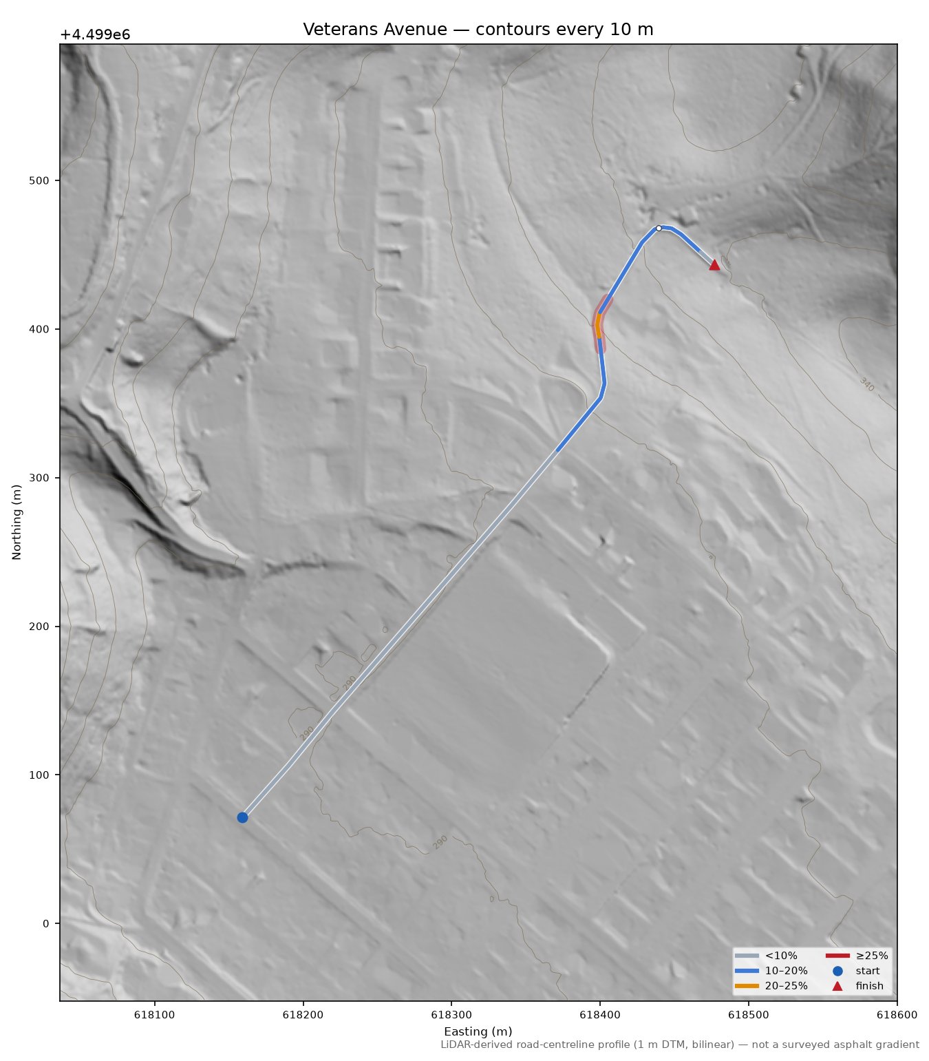 Veterans Avenue LiDAR hillshade map with contours