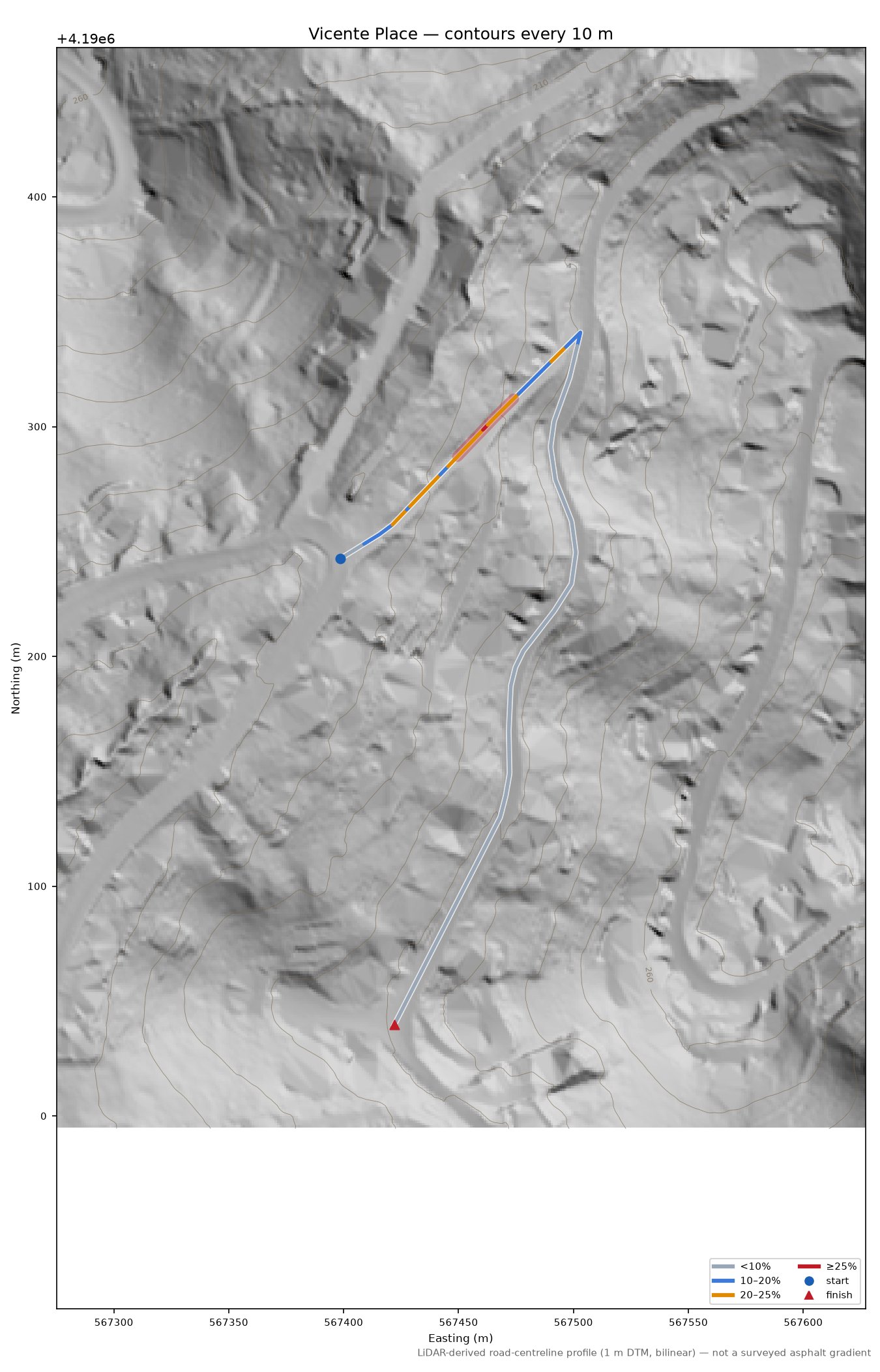 Vicente Place LiDAR hillshade map with contours