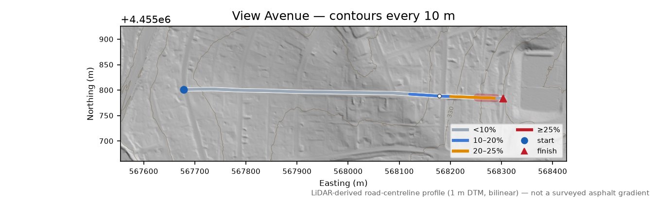 View Avenue LiDAR hillshade map with contours