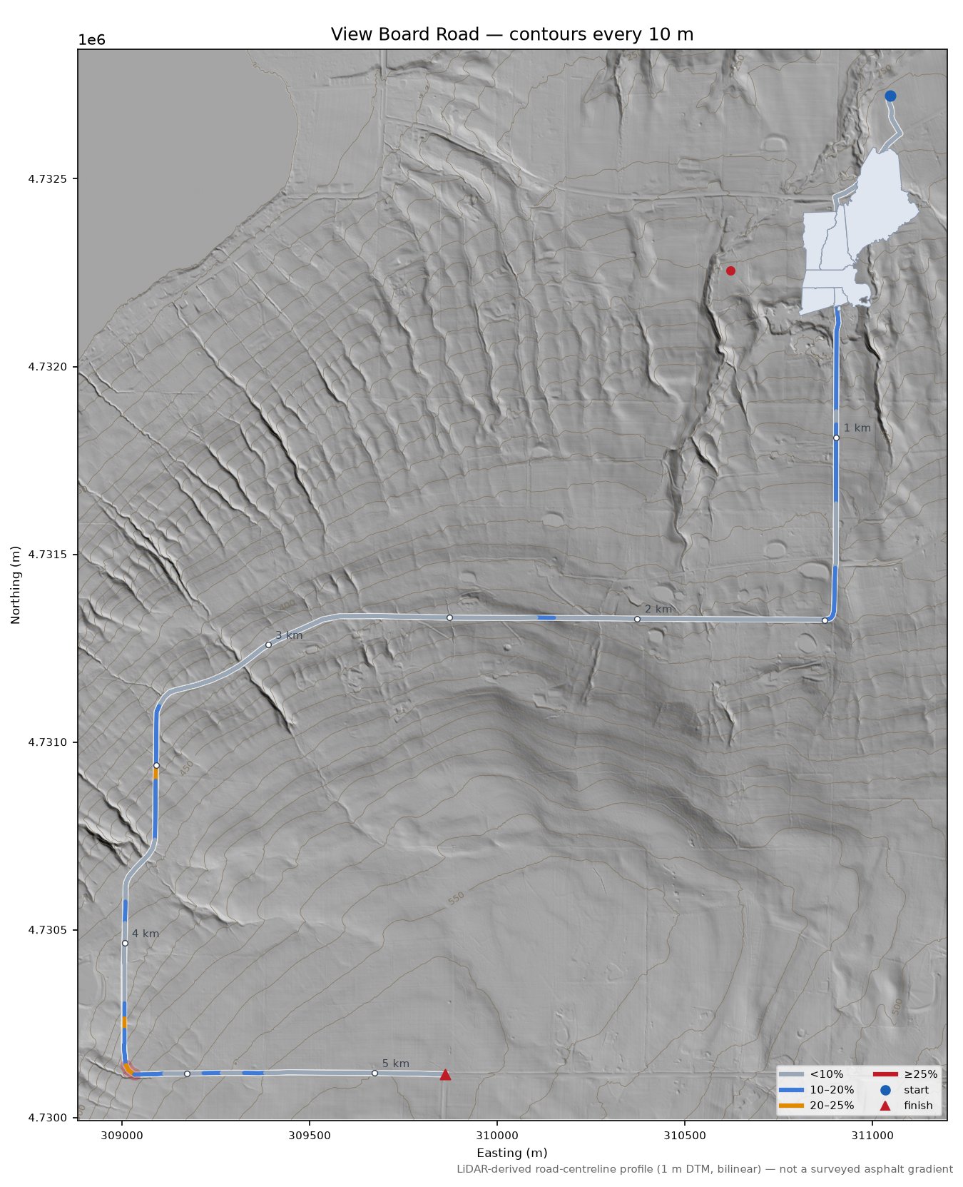 View Board Road LiDAR hillshade map with contours