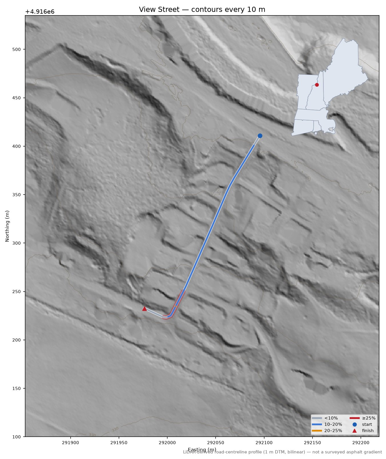 View Street LiDAR hillshade map with contours
