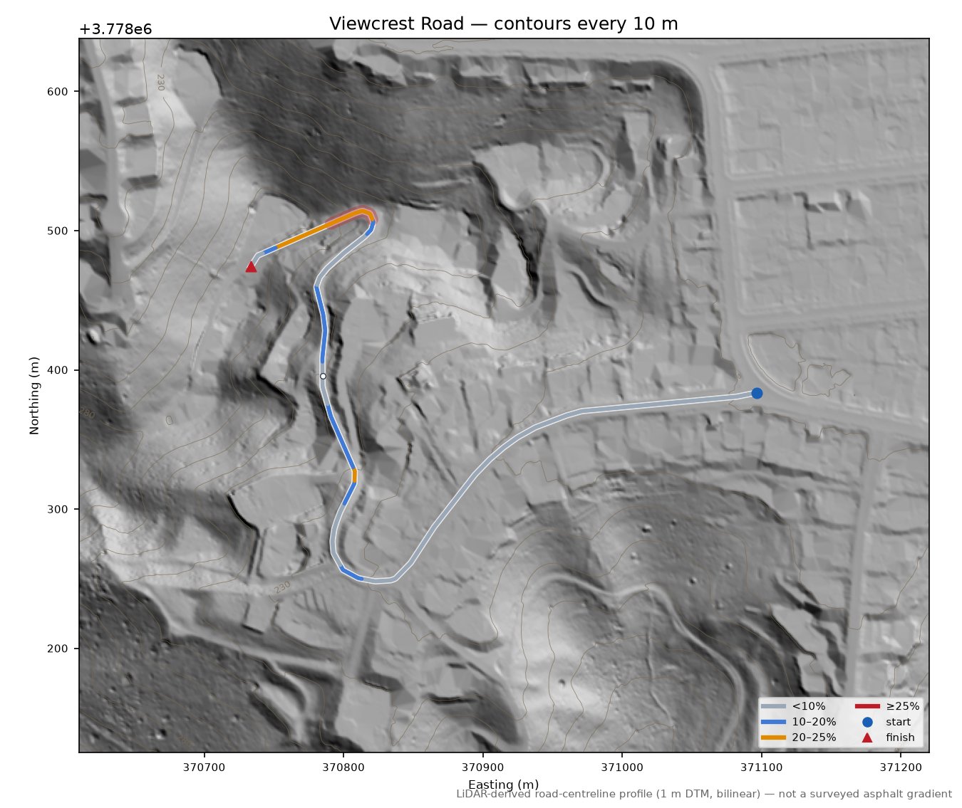 Viewcrest Road LiDAR hillshade map with contours