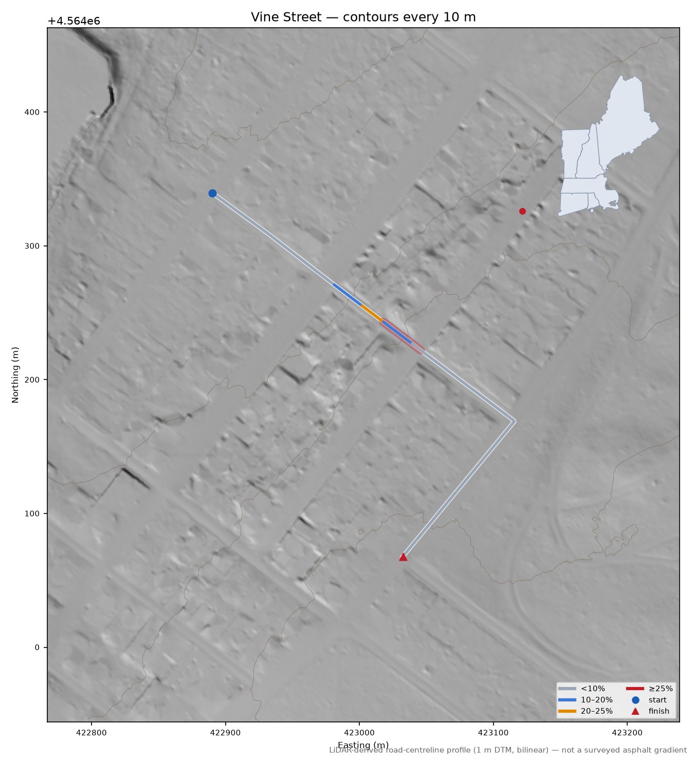 Vine Street LiDAR hillshade map with contours
