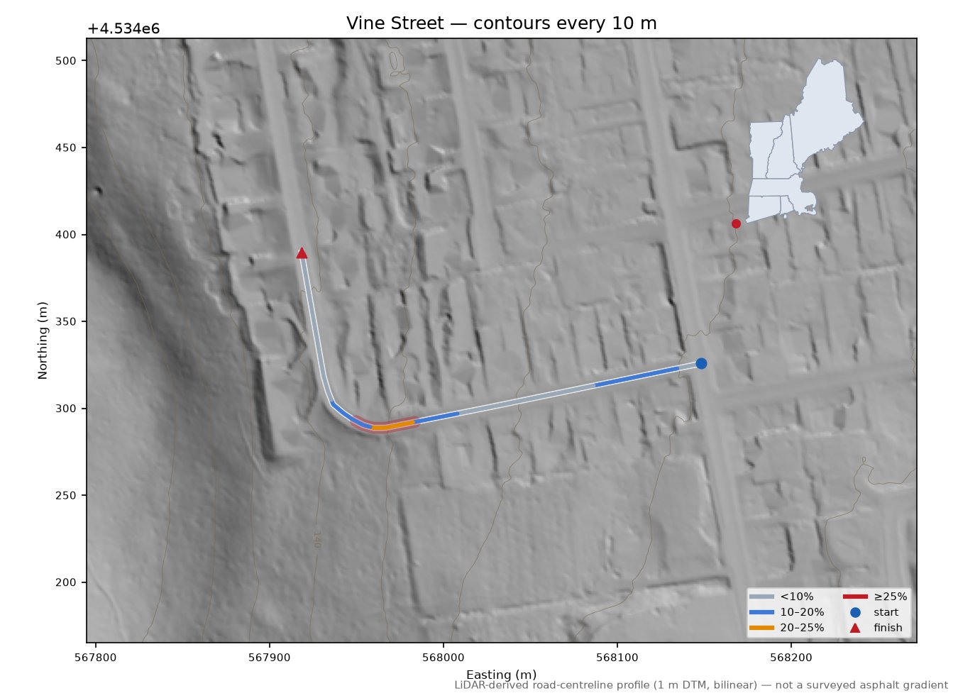 Vine Street LiDAR hillshade map with contours
