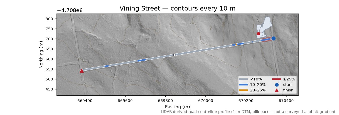 Vining Street LiDAR hillshade map with contours