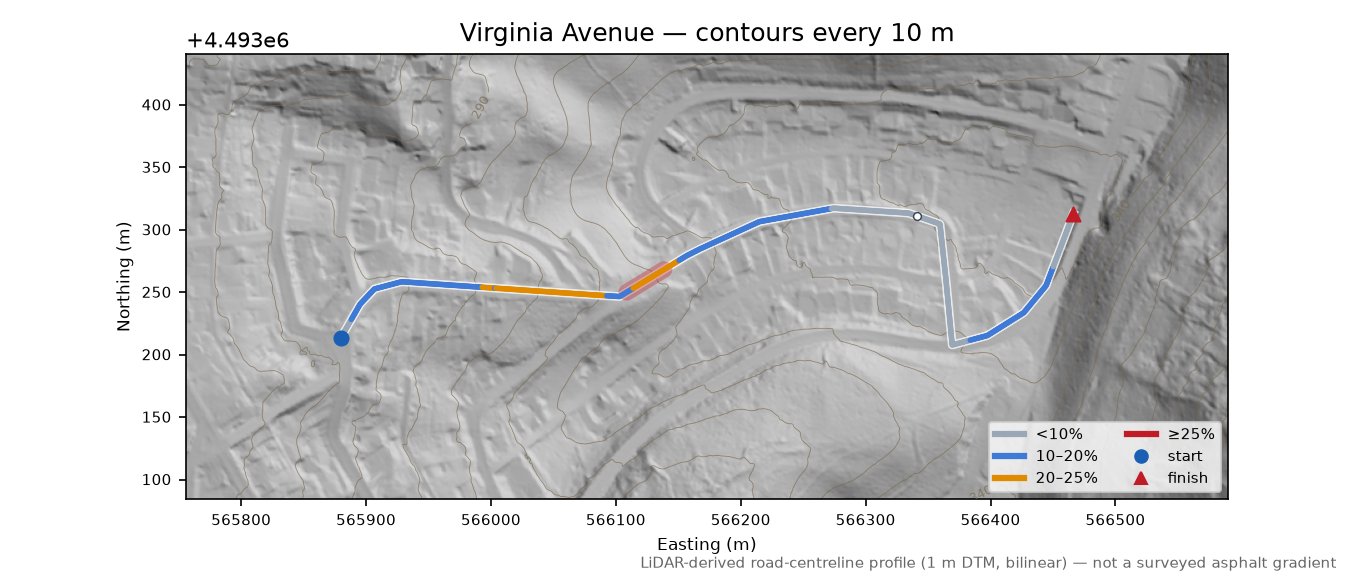 Virginia Avenue LiDAR hillshade map with contours