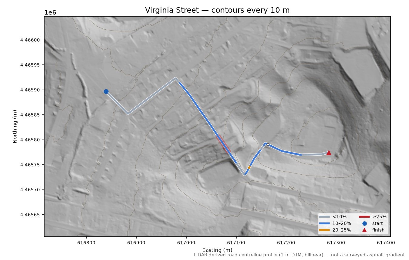 Virginia Street LiDAR hillshade map with contours