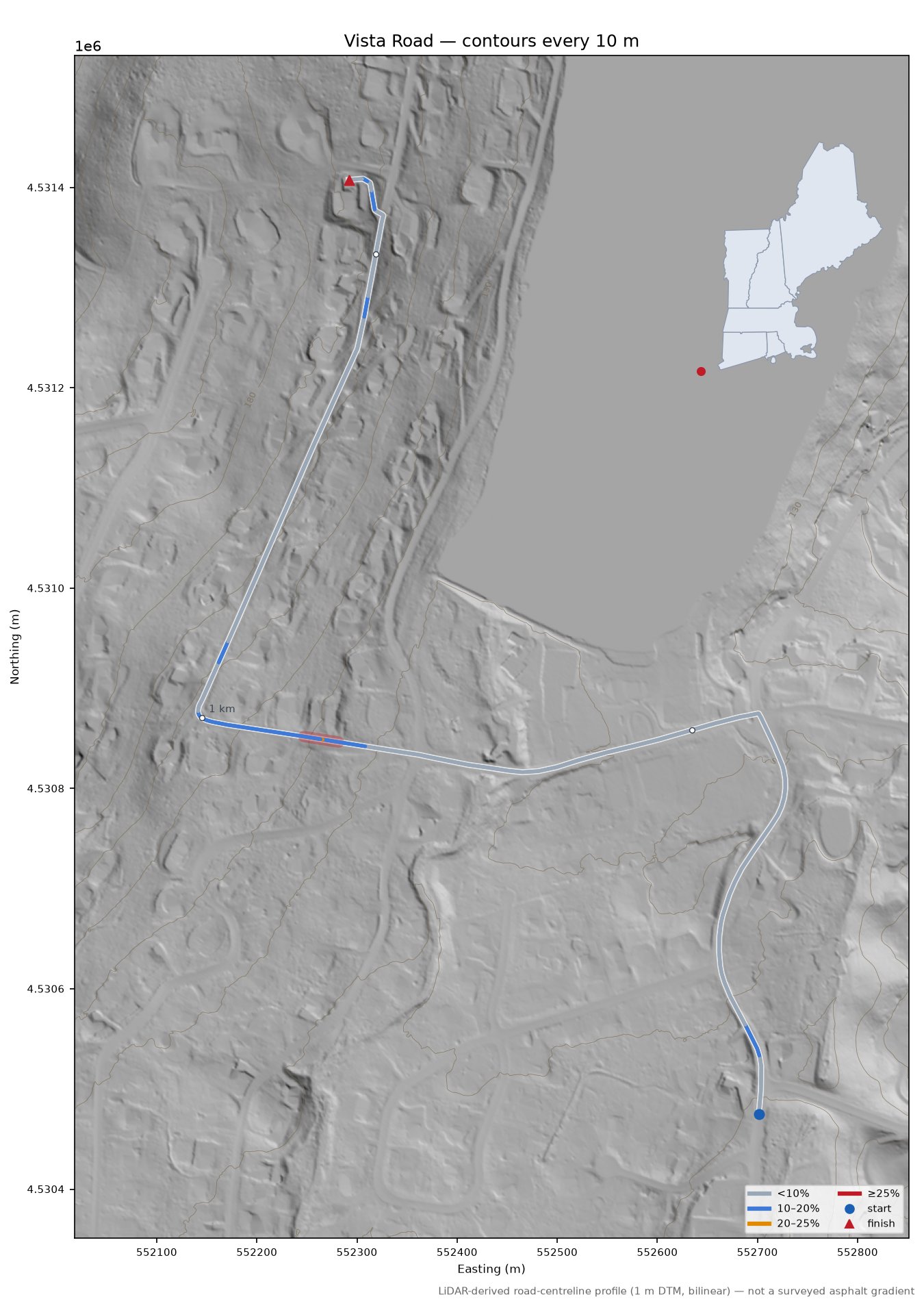 Vista Road LiDAR hillshade map with contours