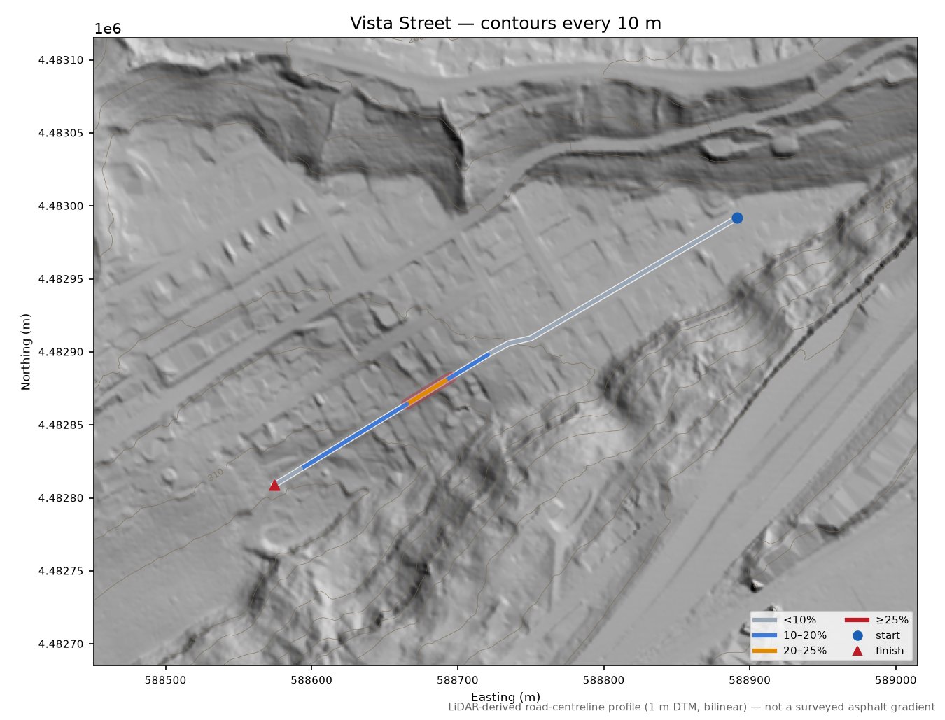 Vista Street LiDAR hillshade map with contours