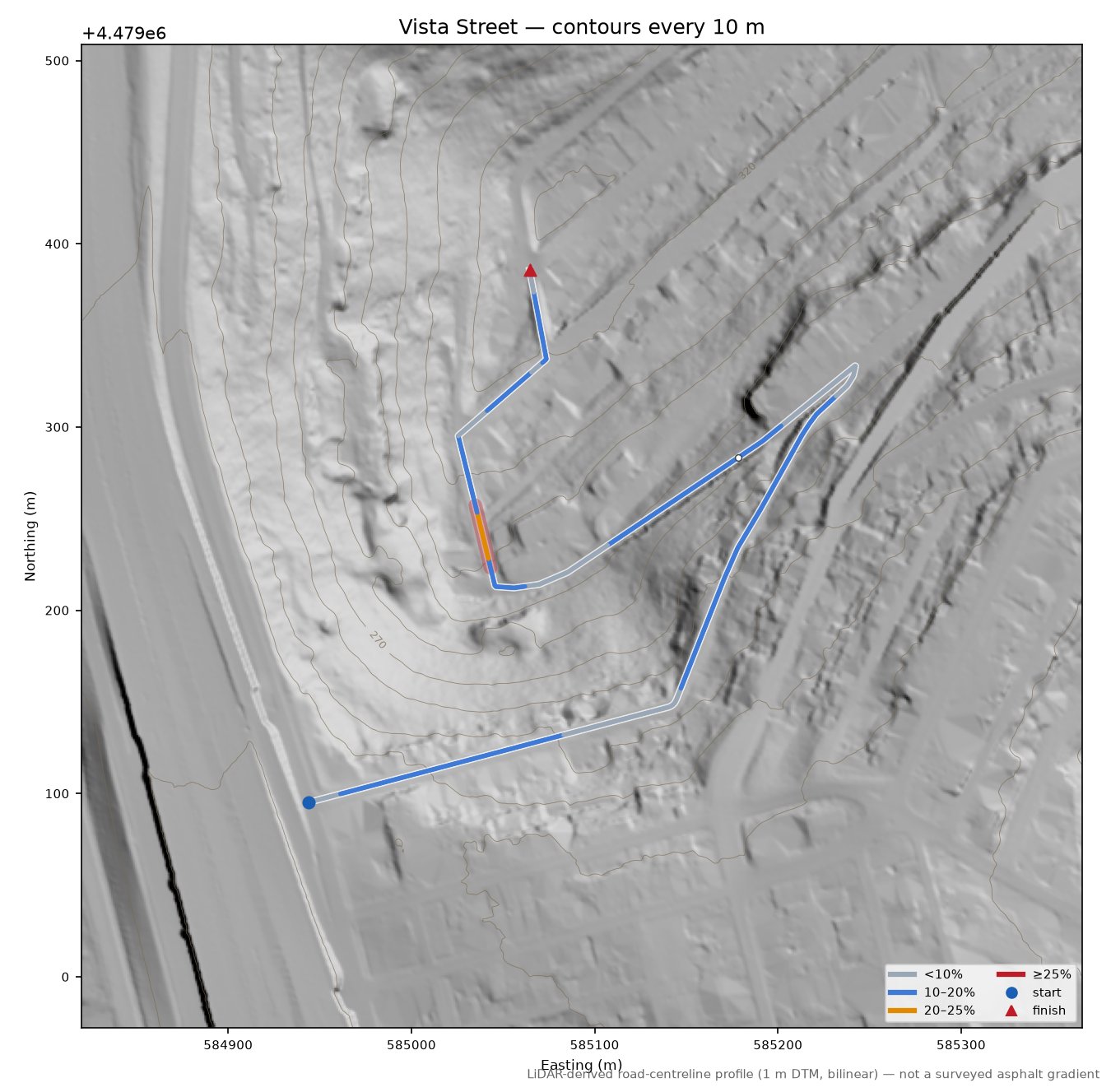 Vista Street LiDAR hillshade map with contours
