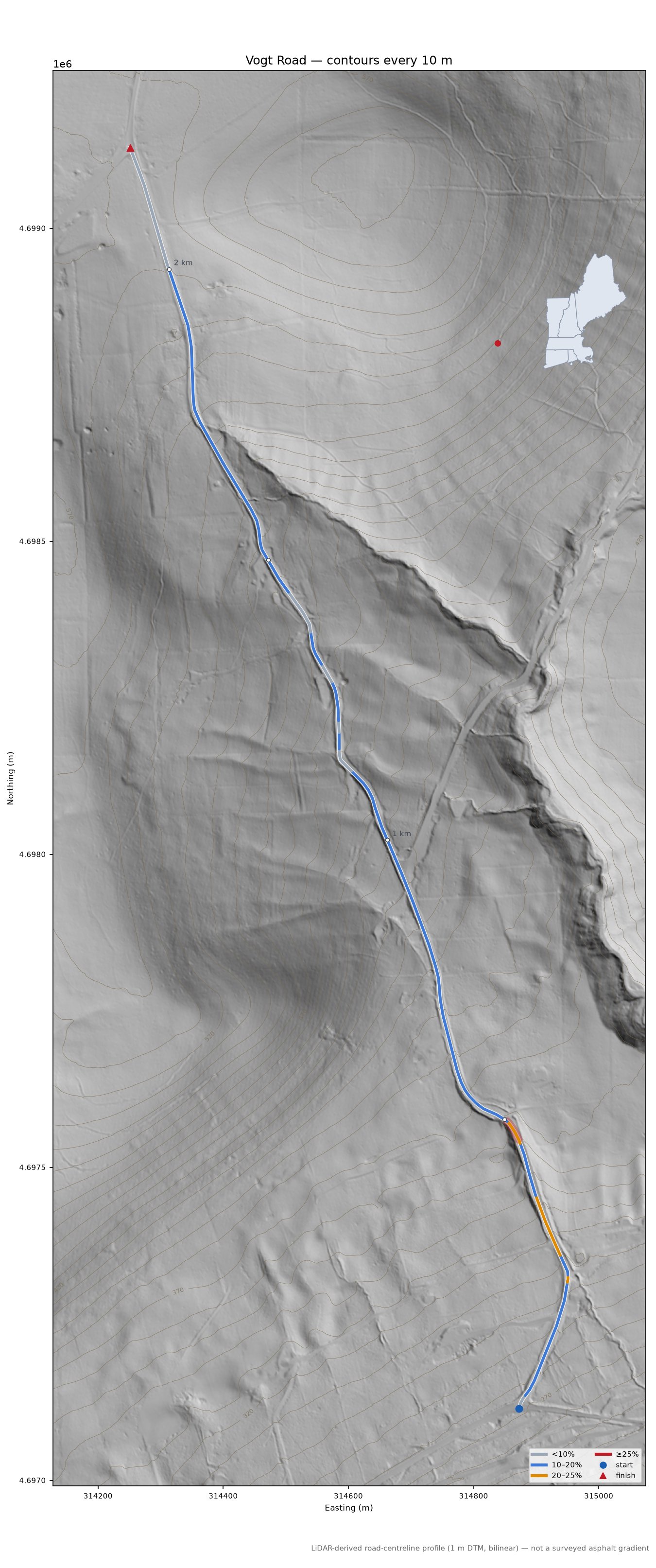 Vogt Road LiDAR hillshade map with contours