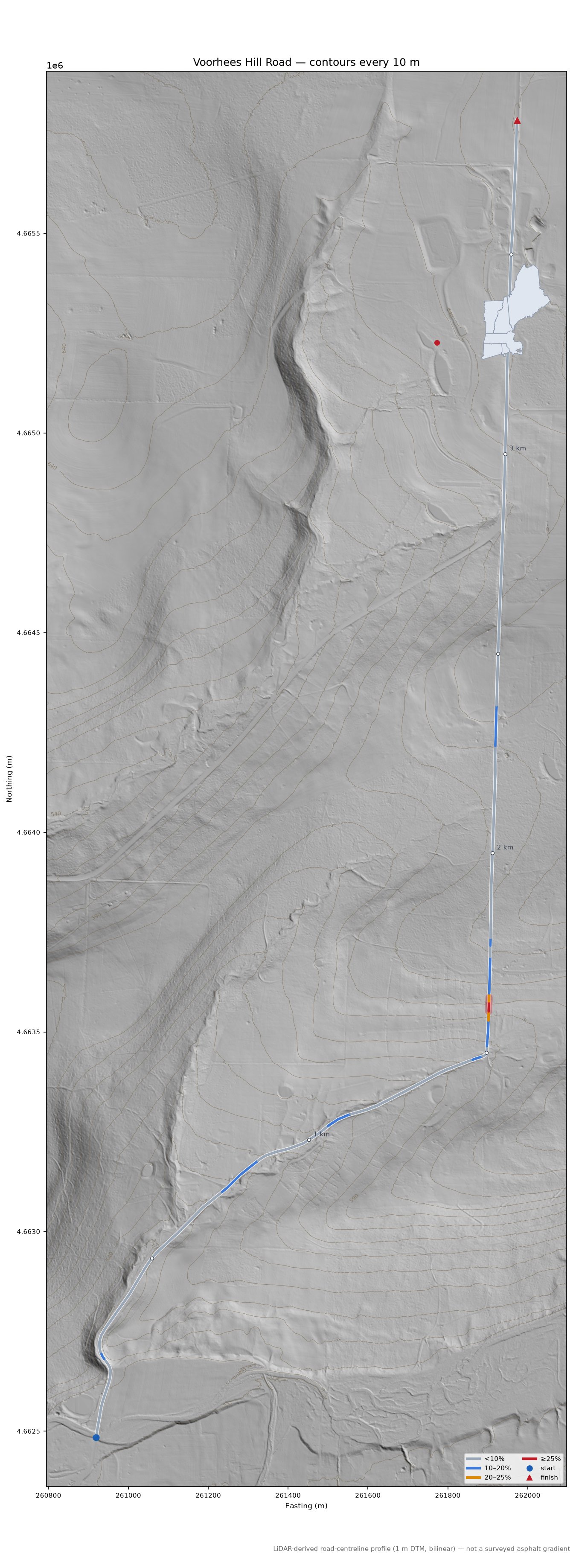 Voorhees Hill Road LiDAR hillshade map with contours