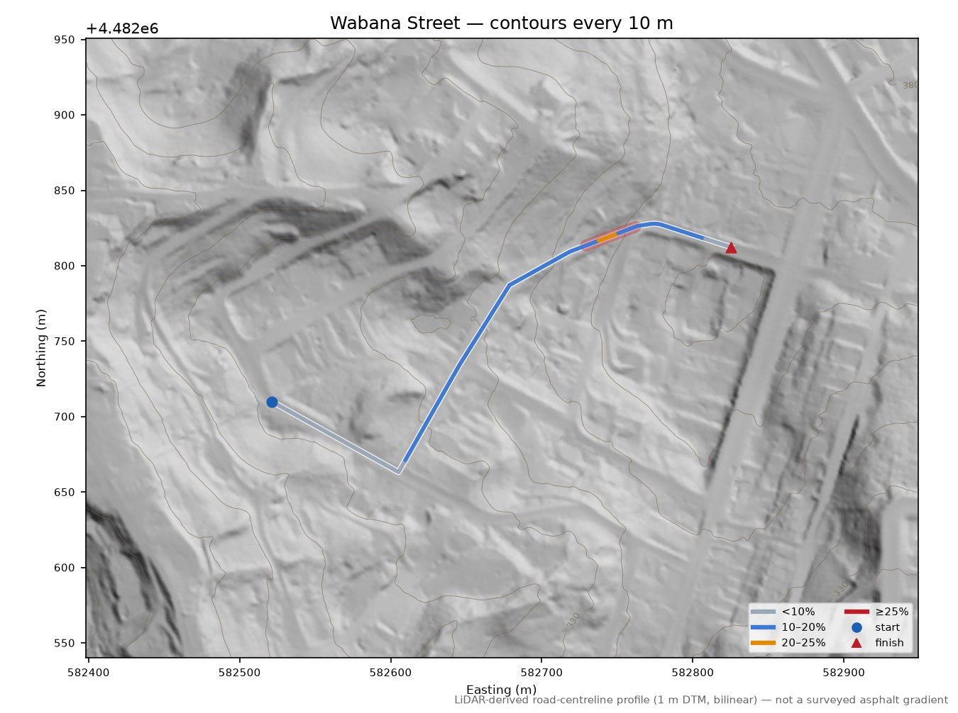 Wabana Street LiDAR hillshade map with contours
