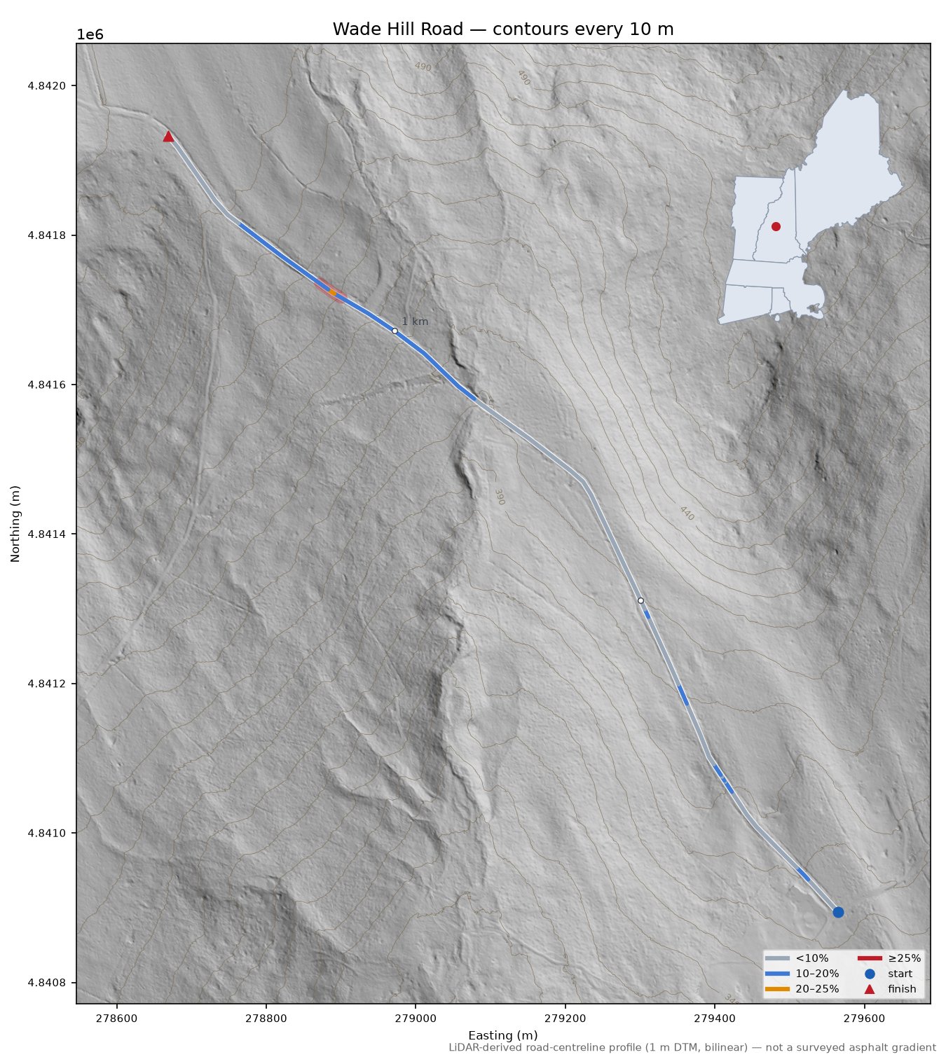 Wade Hill Road LiDAR hillshade map with contours