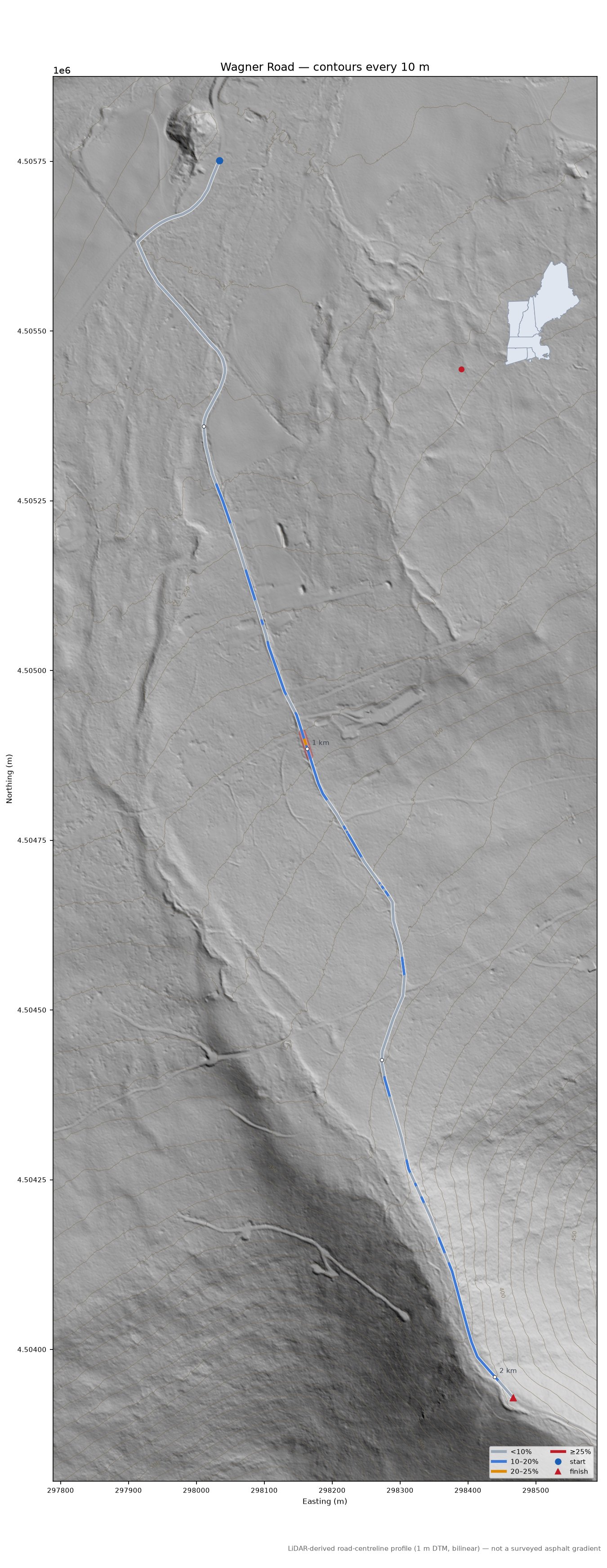 Wagner Road LiDAR hillshade map with contours