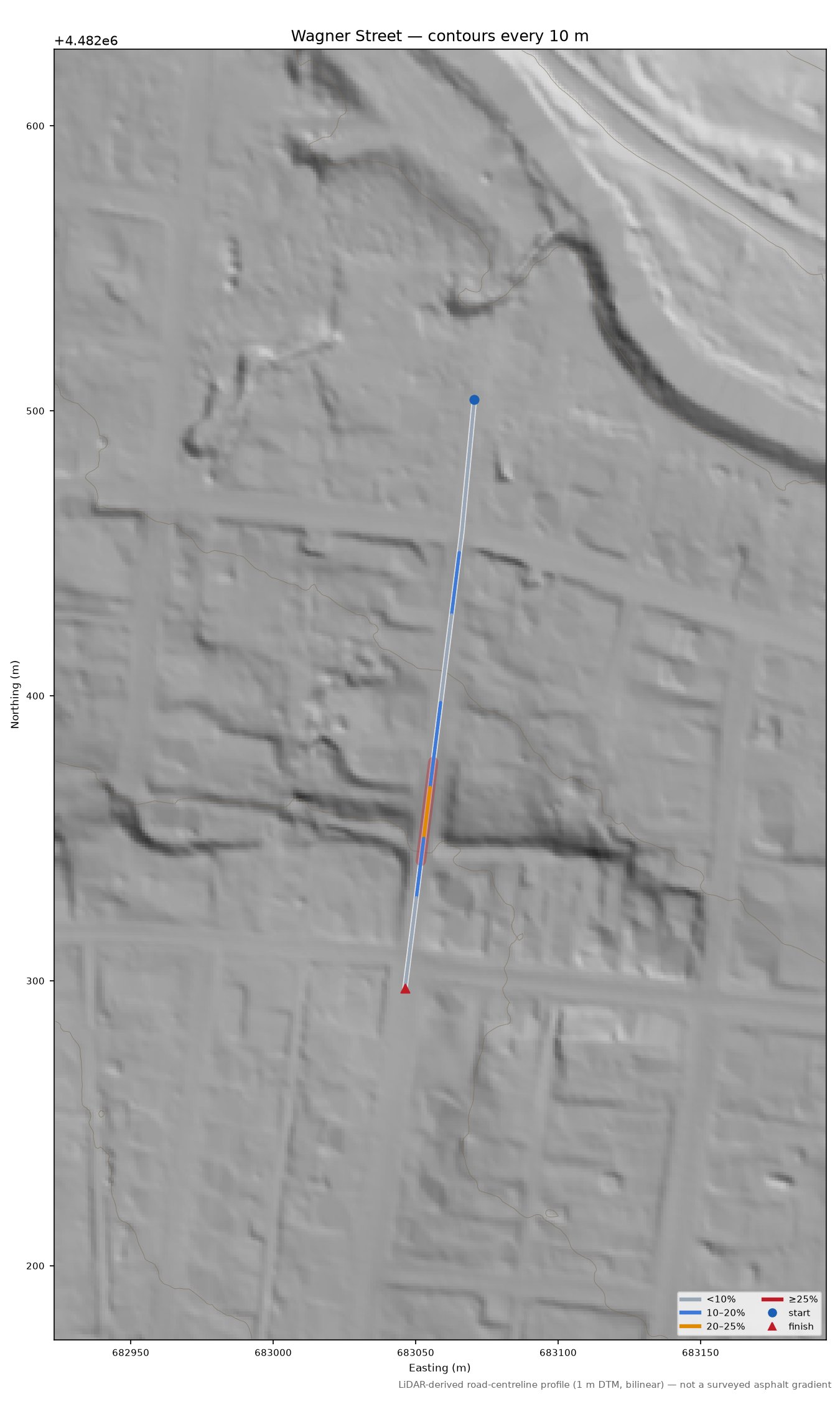 Wagner Street LiDAR hillshade map with contours