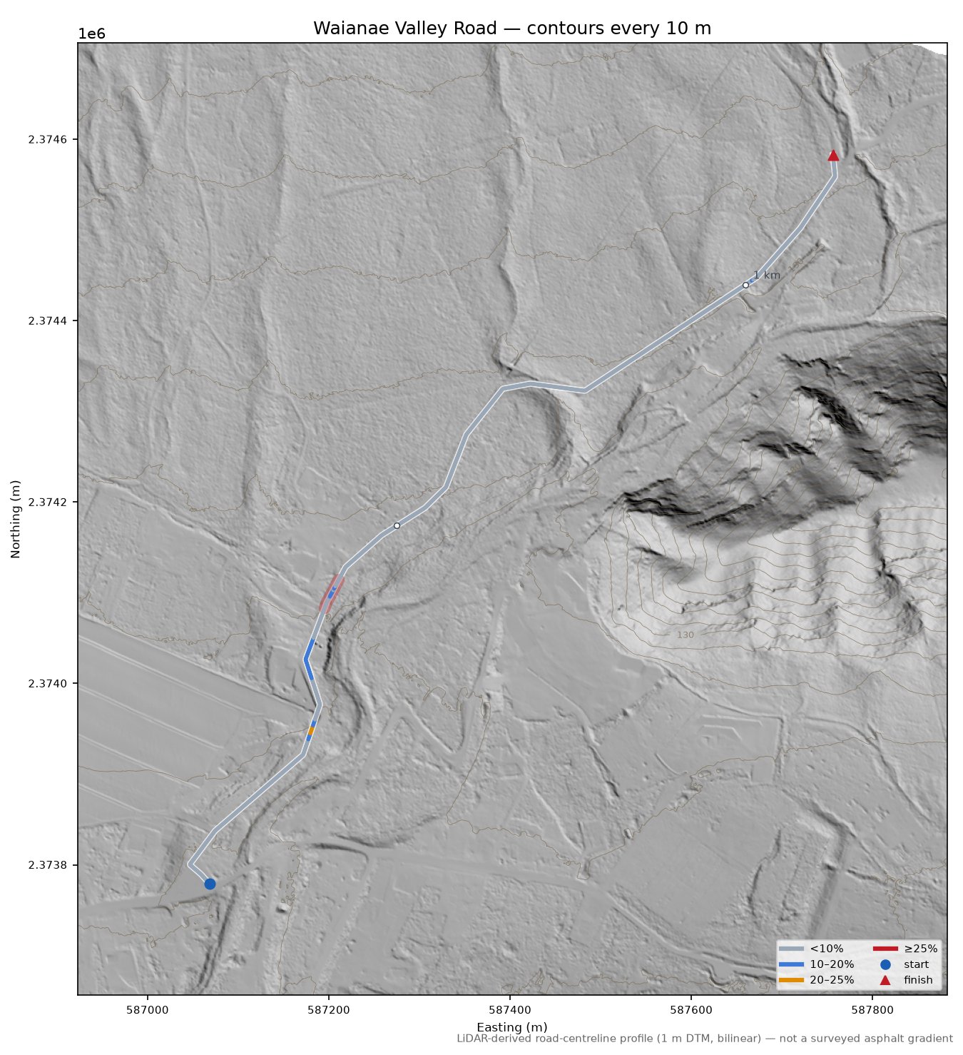 Waianae Valley Road LiDAR hillshade map with contours