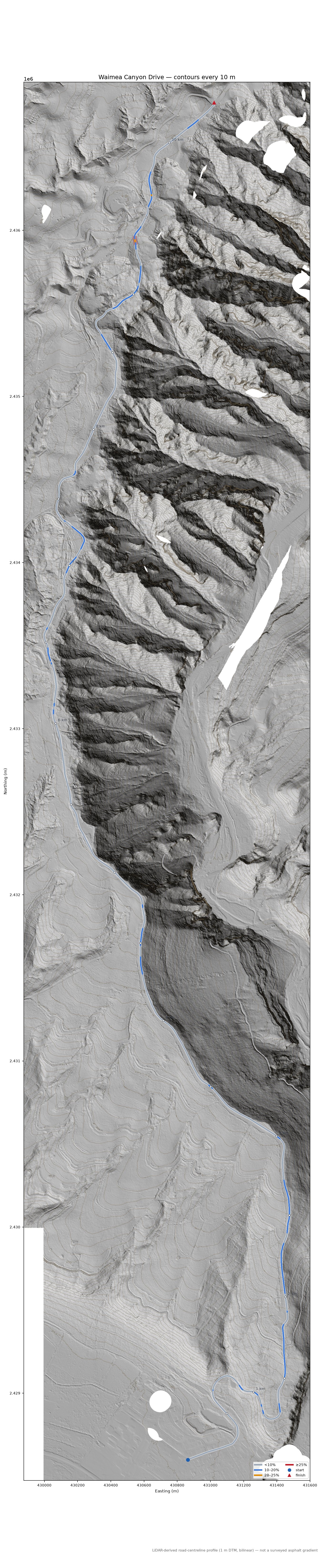 Waimea Canyon Drive LiDAR hillshade map with contours
