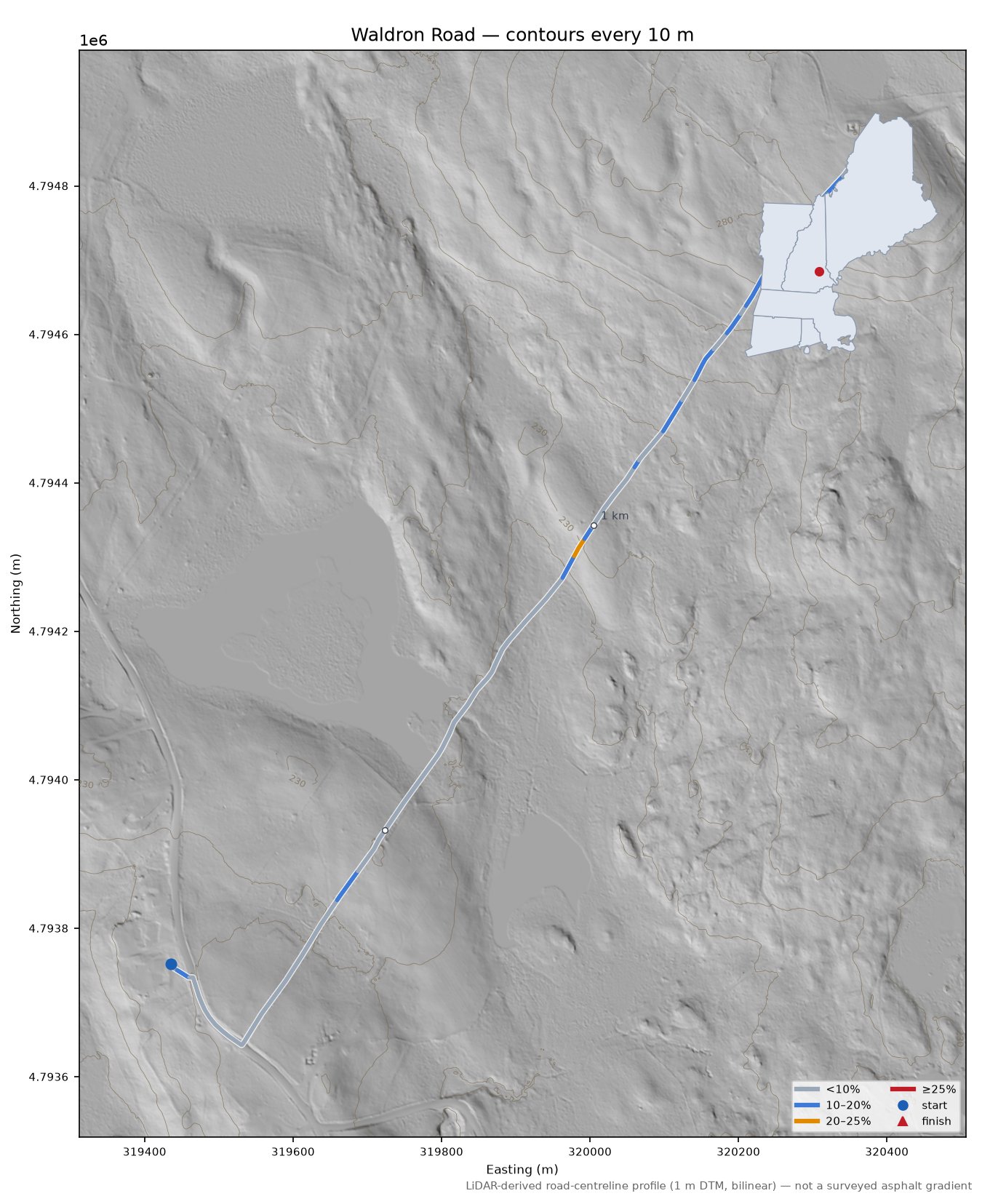 Waldron Road LiDAR hillshade map with contours