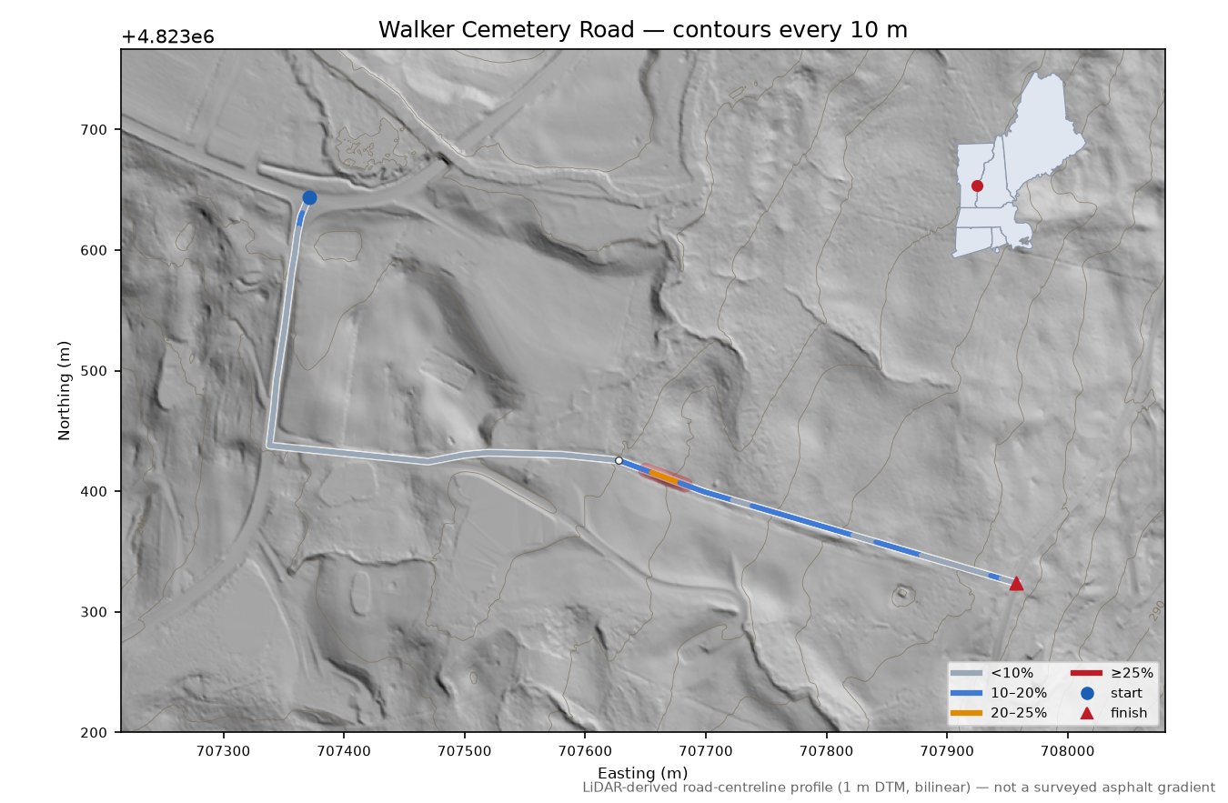 Walker Cemetery Road LiDAR hillshade map with contours