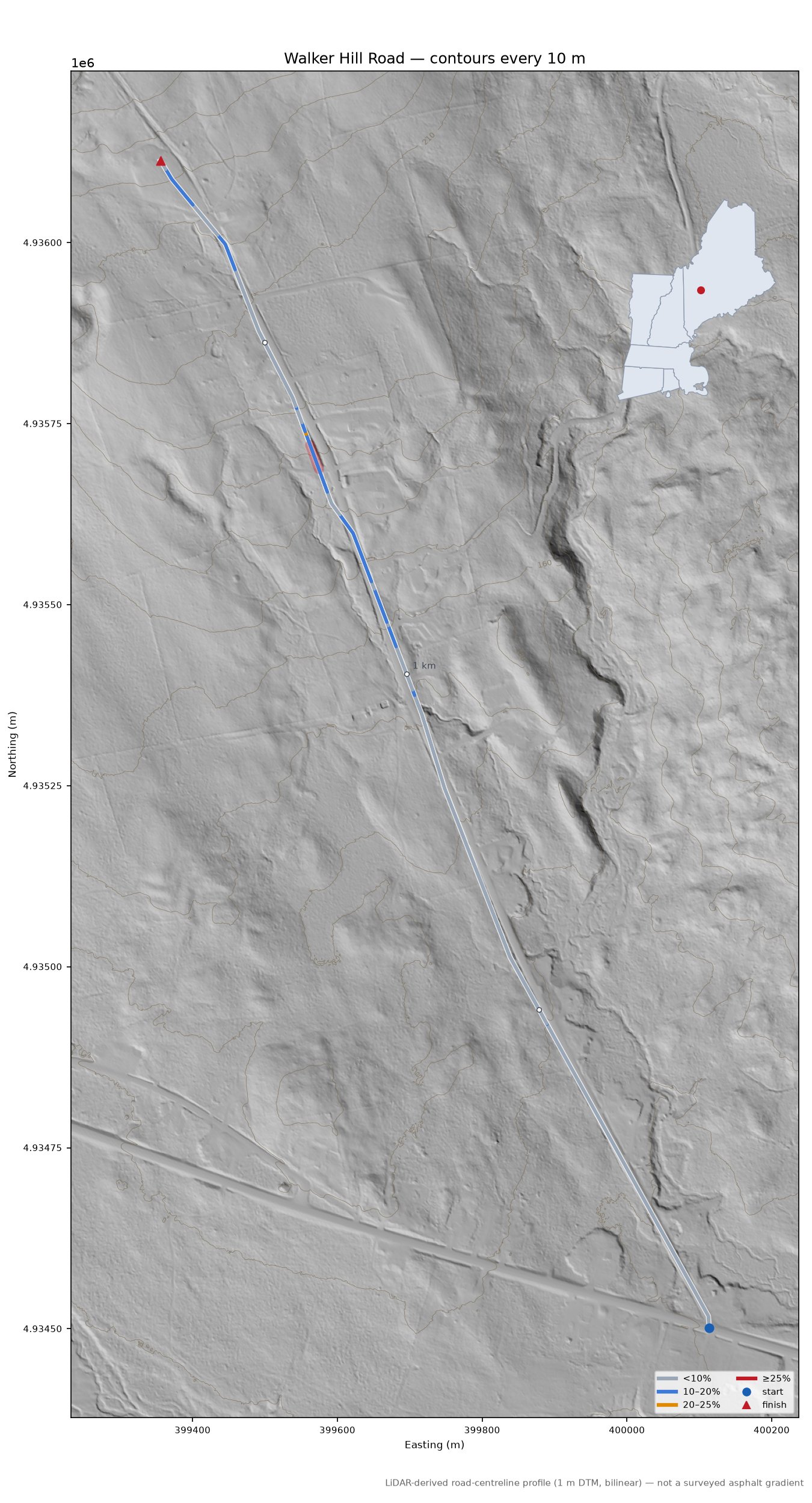 Walker Hill Road LiDAR hillshade map with contours