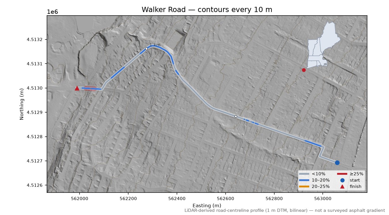 Walker Road LiDAR hillshade map with contours