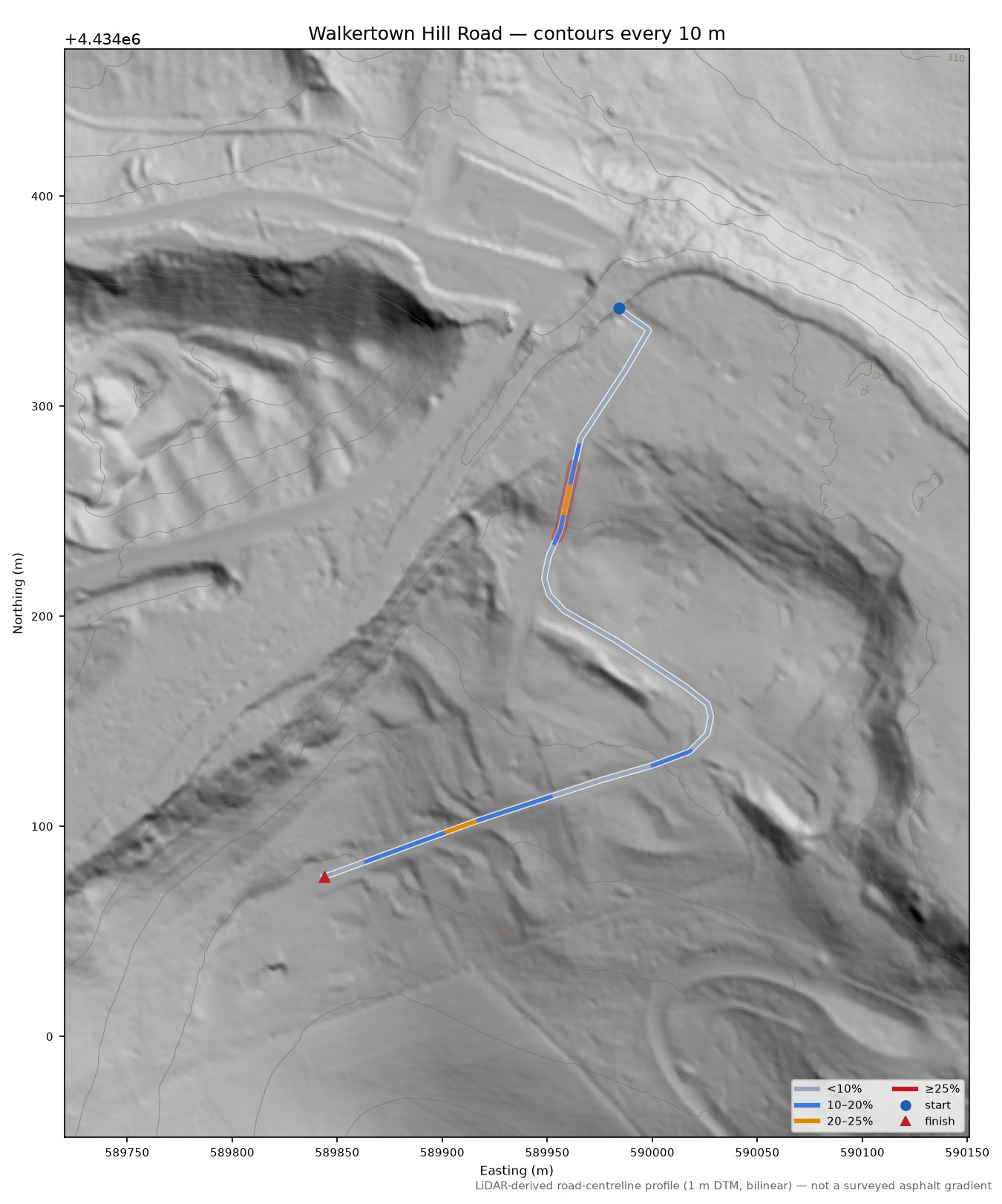 Walkertown Hill Road LiDAR hillshade map with contours