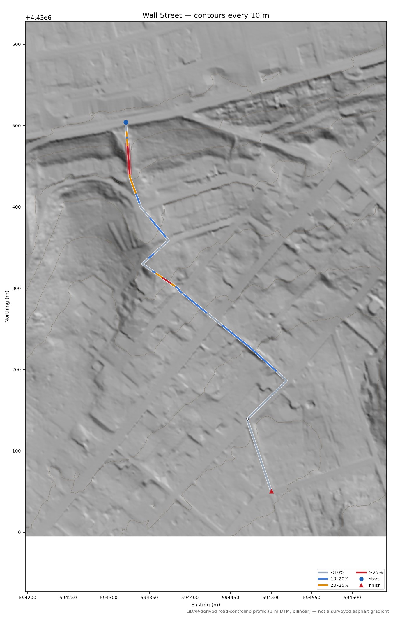 Wall Street LiDAR hillshade map with contours