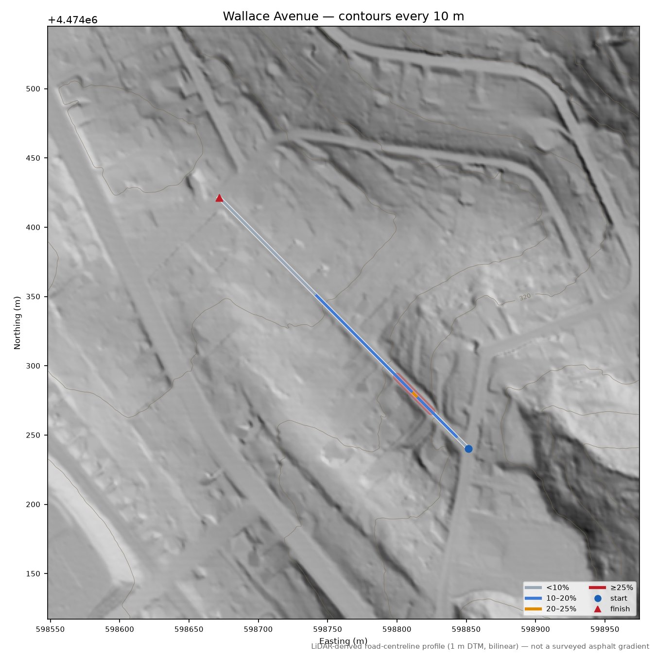 Wallace Avenue LiDAR hillshade map with contours